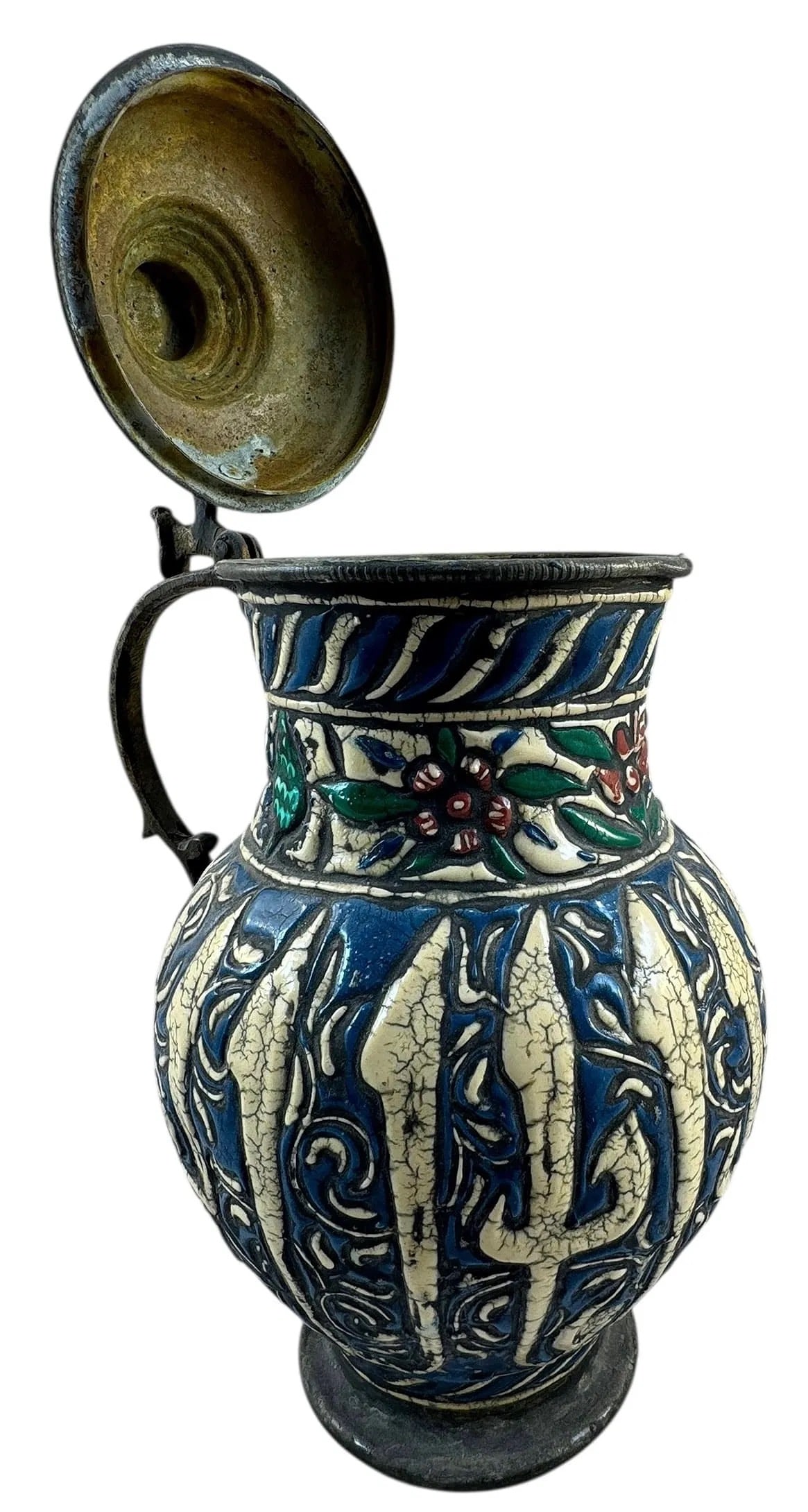 Antique Large Syrian Damascene Mamluk Revival Brass Ewer With Enamel, Circa 1920: Antique Large Syrian Damascene Mamluk Revival Brass Jug With Enamel. The Mamluk Revival pieces such as this involved reinterpreting Mamluk stylistic elements including intricate metalwork designs and 