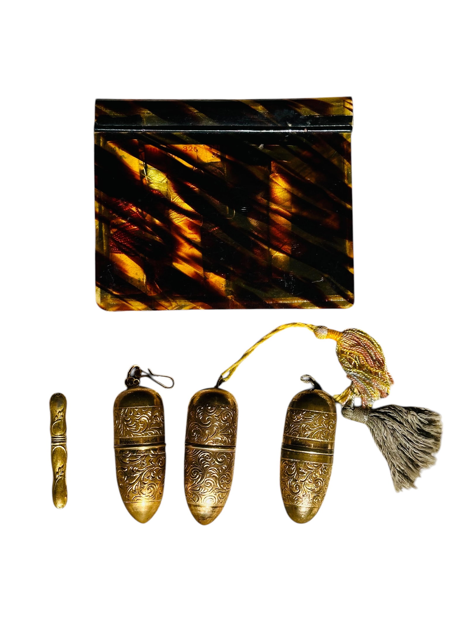 A set of There Antique Small Turkish Tombak Bullet Sewing Etui with Silk Tassel Circa 1880 (1 of 12)
