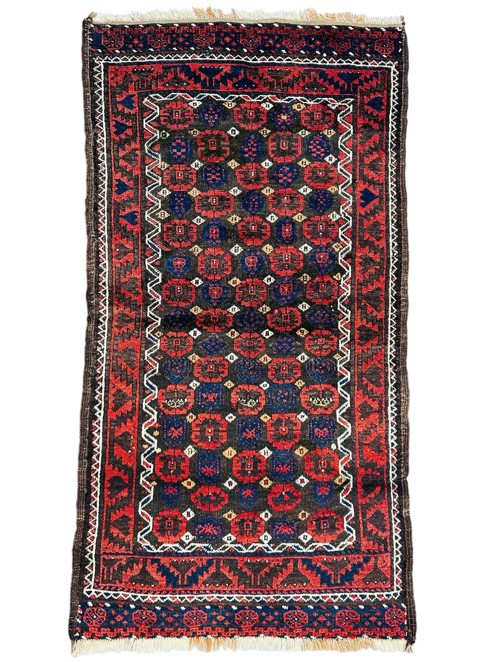 Antique Decorative Baluch Rug Wool On Wool Foundation Circa 1900: Antique Decorative Baluch Rug Wool On Wool Foundation Circa 1900. Size: 161cm x 84 cm (63 ins x 33 ins). TORG AUCTIONS offers bespoke packing and international and domestic shipping logistics for sold
