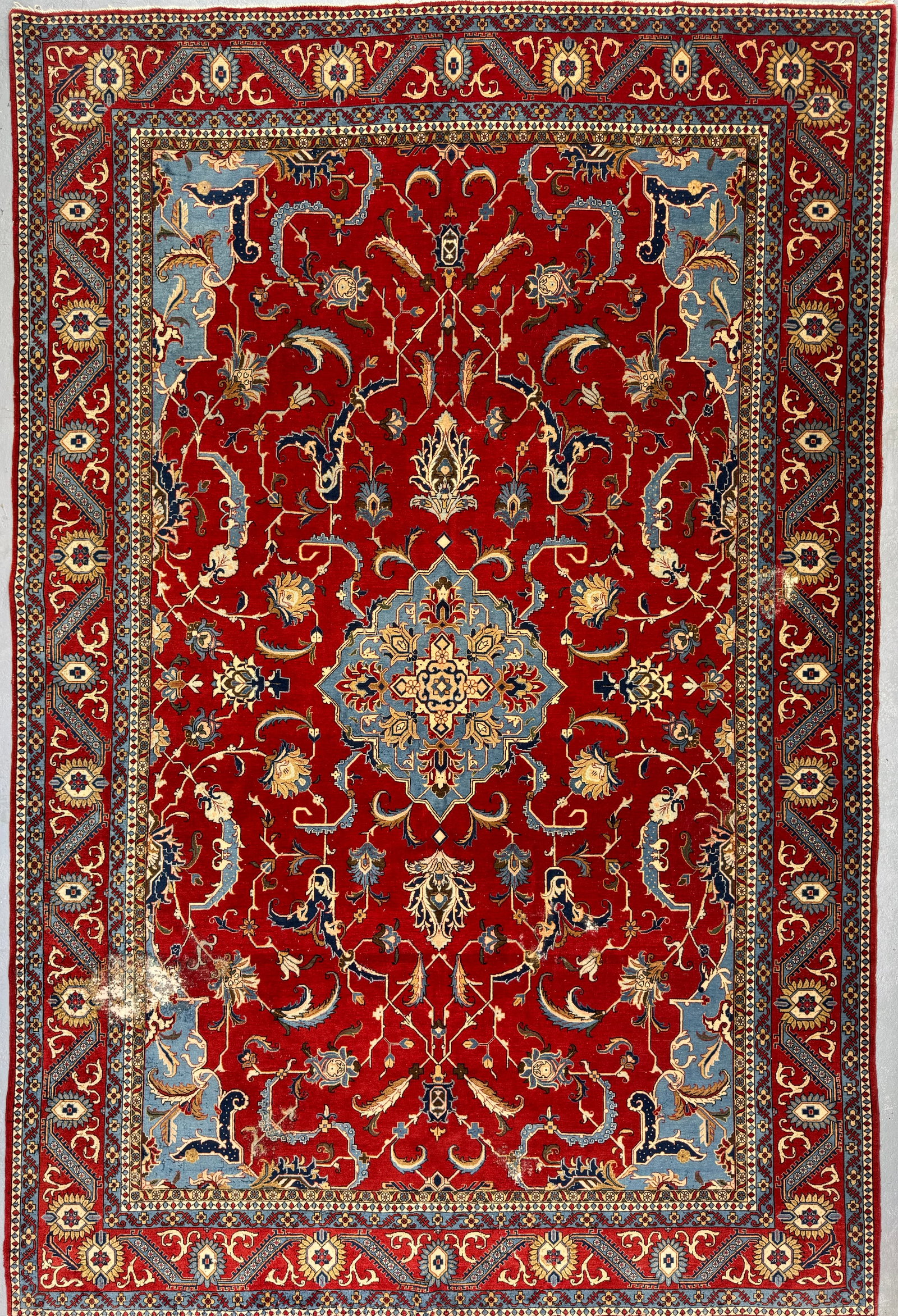 Antique Decorative Qom Carpet Wool On Cotton Foundation Circa 1930: Antique Decorative Qom Carpet Wool On Cotton Foundation Circa 1930. Size: 343 cm x 225cm (135 ins x 88 ins). TORG AUCTIONS offers bespoke packing and international and domestic shipping logistics for 