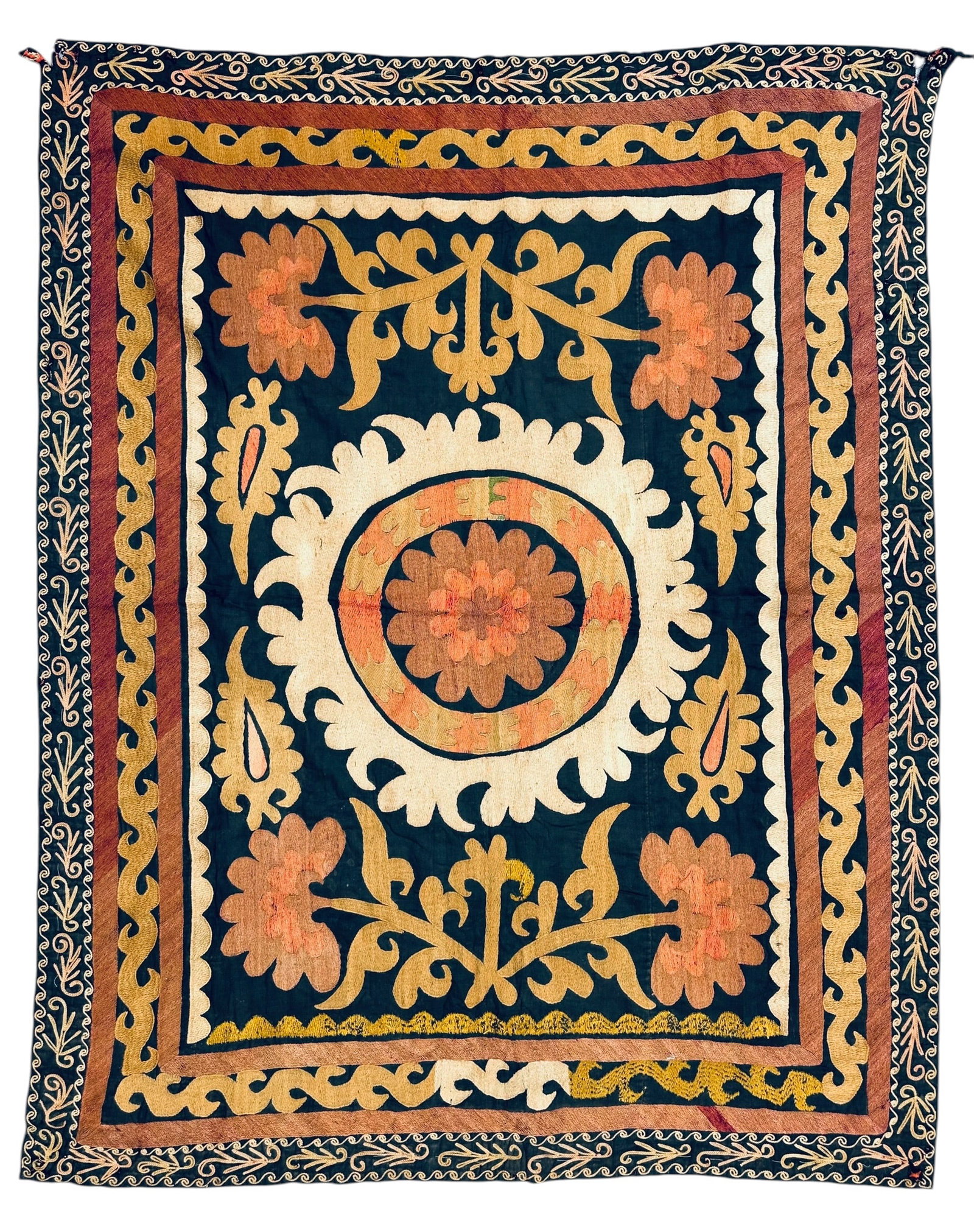 Antique Suzani Silk Embroidery On Cotton Foundation Circa 1920: Antique Suzani Silk Embroidery On Cotton Foundation Circa 1920. Size: 120 cm x 95 cm ( 47 ins x 37.5 ins). TORG AUCTIONS offers bespoke packing and international and domestic shipping logistics for so