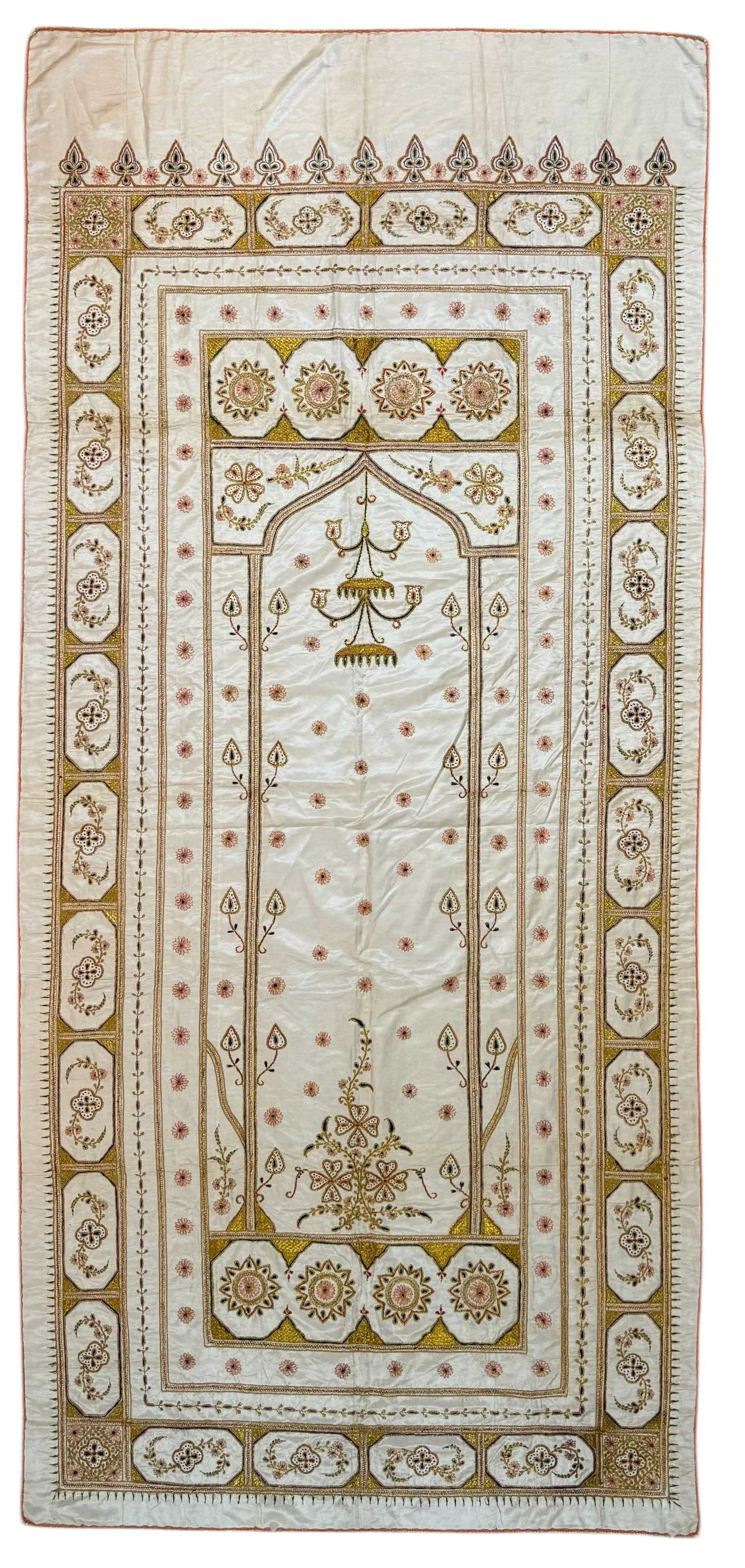 Antique Indian Silk And Gold Thread Emproidery On Silk Foundation Circa 1890: Antique Indian Silk And Gold Thread Emproidery On Silk Foundation Circa 1890. Size: 255 cm x 118 cm ( 100 ins x 46 ins). TORG AUCTIONS offers bespoke packing and international and domestic shipping lo