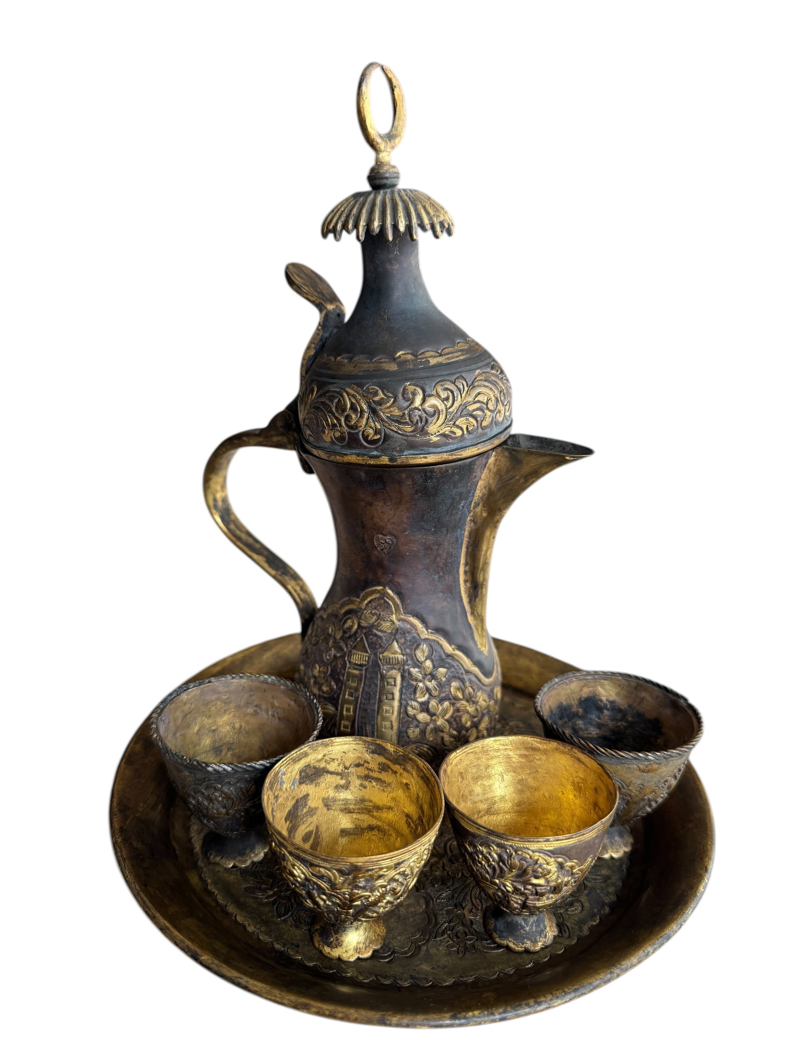 Antique Ottoman Turkish Coffee Set Guilt Copperr Tombak Signed By Ibrahim Circa 1870: Antique Ottoman Turkish Coffee Set Guilt Copperr Tombak Signed By Ibrahim Circa 1870. Tray size: 21 cm x 21 cm (8 ins x 8 ins) Dallas Coffee Pot size: 25 cm x 13 cm (10 ins x 5 ins) the cup size: 5 cm