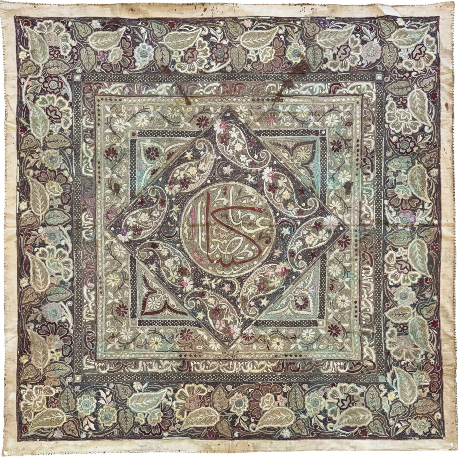 Large Antique Ottoman Syrian Silk and Metal Thread Embroidery Circa 1880: Large Antique Ottoman Syrian Silk and Metal Thread Embroidery Circa 1880. Size: 136 cm x 137 cm (53 ins x 54 ins). TORG AUCTIONS offers bespoke packing and international and domestic shipping logistic