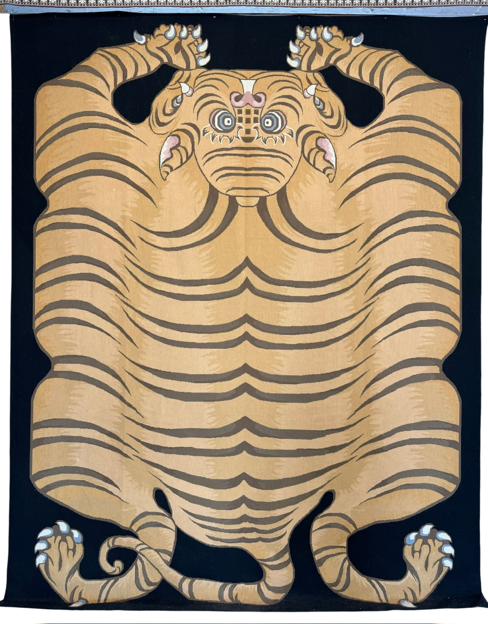 Large Vintage Chinese Tiger Needle Point Wool On Cotton Circa 1990: Large Vintage Chinese Tiger Needle Point Wool On Cotton Circa 1990. Size: 300cm x 220cm (118 ins x 87 ins). TORG AUCTIONS offers bespoke packing and international and domestic shipping logistics for s