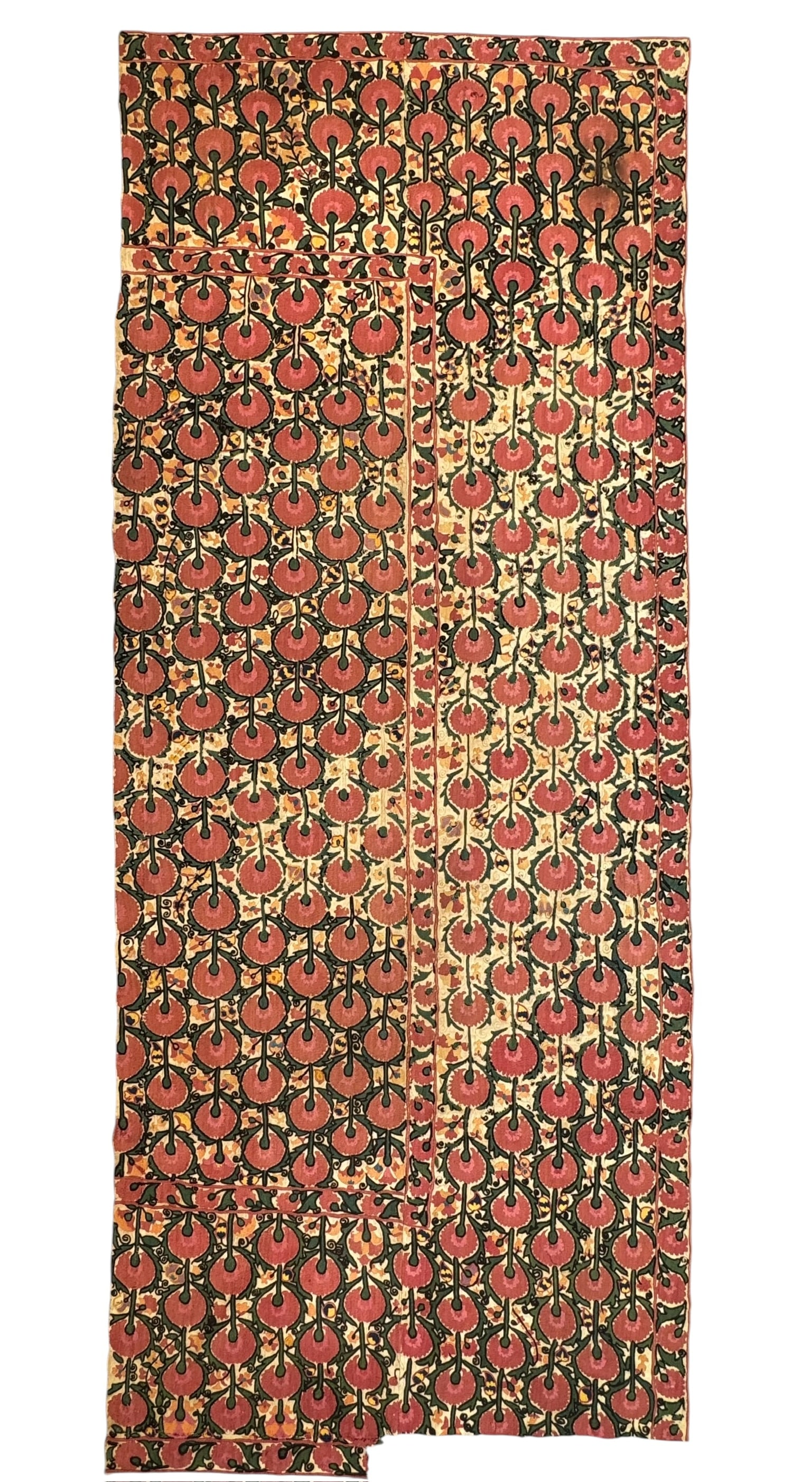 Large Antique Suzani Fragment Silk Embroidery On Cotton Foundation Circa 1860: Large Antique Suzani Fragment Silk Embroidery On Cotton Foundation Circa 1860. Size: 234cm x 95cm (93 ins x 36 ins). TORG AUCTIONS offers bespoke packing and international and domestic shipping logist