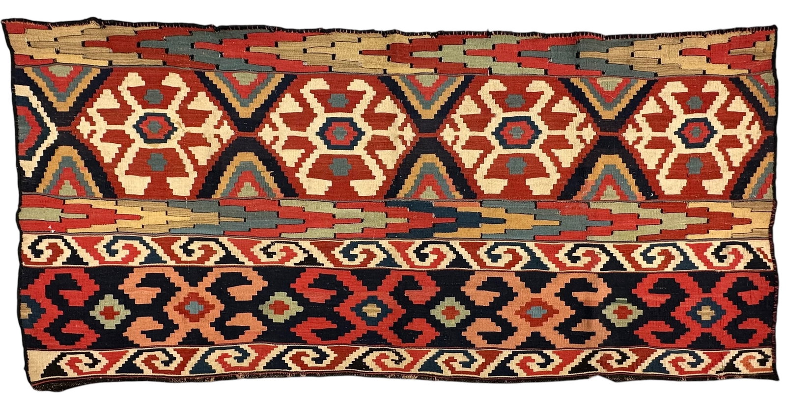 Antique Decorative Shahzavan Kilim Panel Wool On Wool Foundation Circa 1870: Antique Decorative Shahzavan Kilim Panel Wool On Wool Foundation Circa 1870. Size: 180 cm x 85 cm (71 ins x 34 ins). TORG AUCTIONS offers bespoke packing and international and domestic shipping logist
