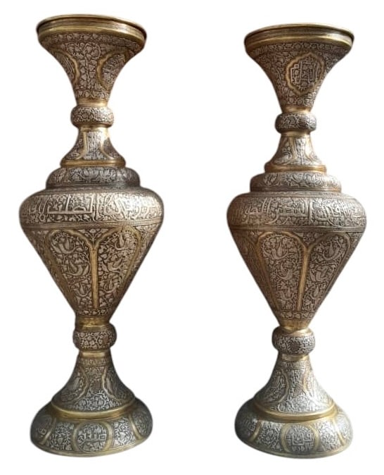Large Antique Fine Pair of Damascene Syrian Copper Inlaid With Silver Vases Circa 1900: Large Antique Fine Pair of Damascene Syrian Copper Inlaid With Silver Vases Circa 1900. Size: 113 cm x 31 cm (44 ins x 12 ins). TORG AUCTIONS offers bespoke packing and international and domestic ship
