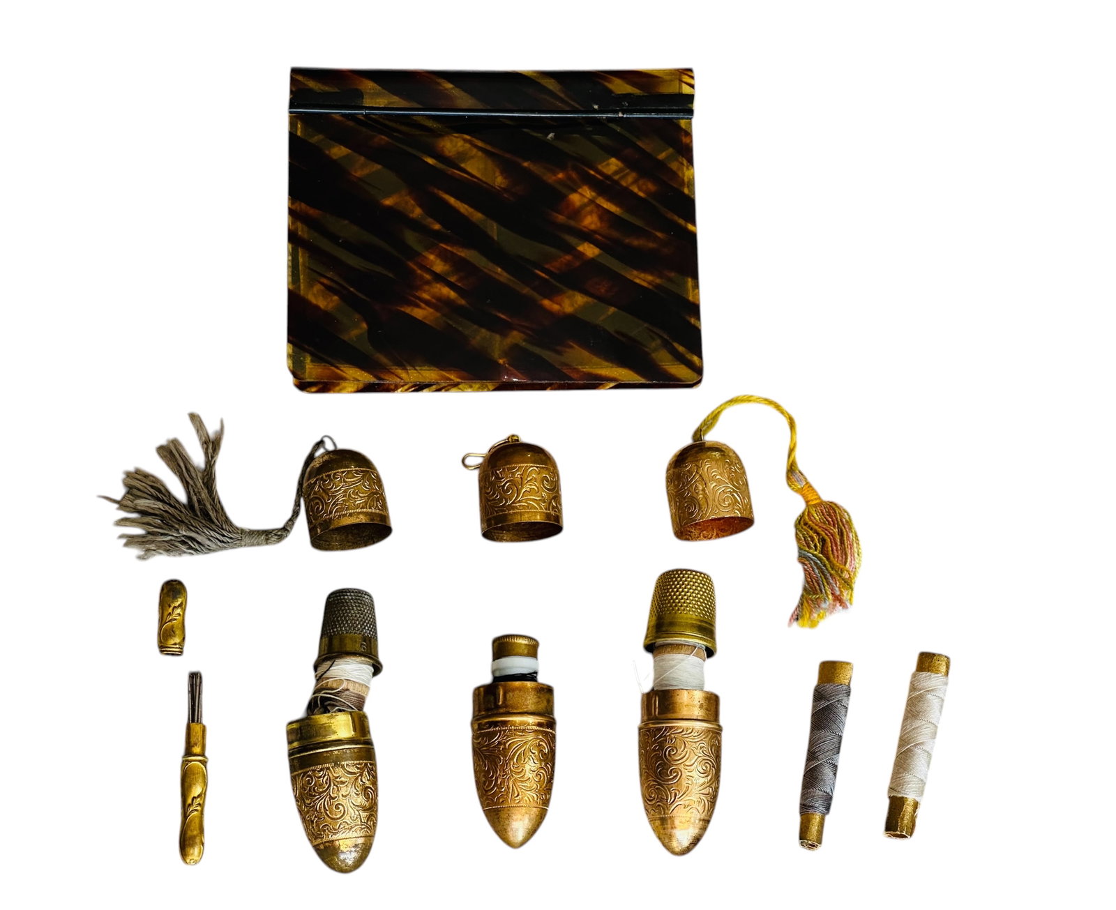 Rare Antique Ottoman Turkish Needle Keeper Set, Tombak on Copper, Circa 1880: Rare Antique Ottoman Turkish Needle Keeper Set of five Tombak (Gold layer) on Copper pieces. This beautiful and delightful set comprises of a cluster of needles in its original Tombok casing detailing
