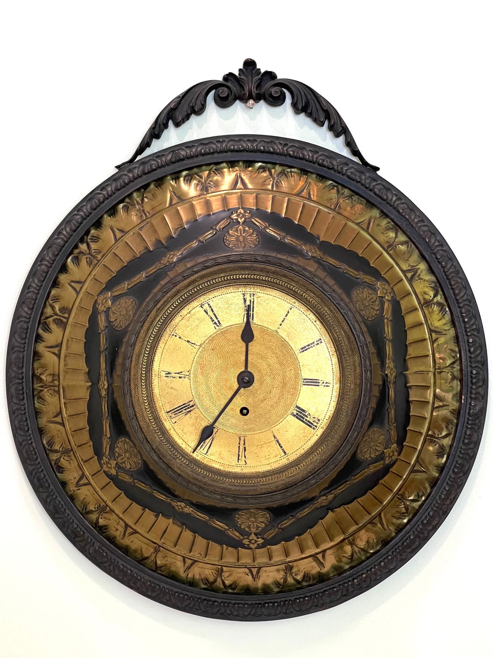Payne, 163 New Bond Street Late 19th C. Tole “Ox-Eye” Wall Clock: Dimensions: 15” W x 4” D x 17.5” H