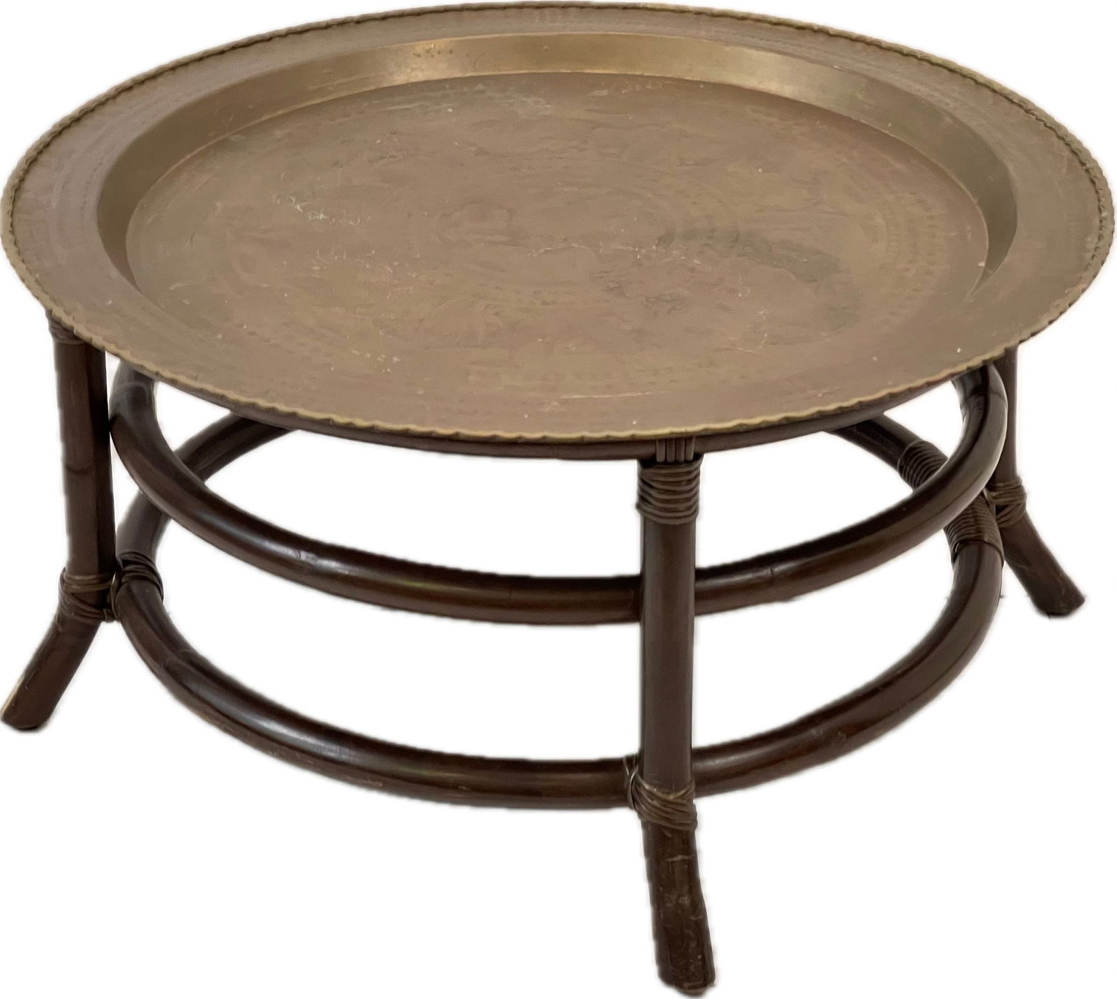 Round Etched Brass Tray Table: Dimensions: 29 1/2” W x 15 1/4” H