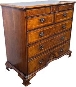 Antique English George III Burl Walnut Chest Of Drawers With Inlaid Concave Sunburst