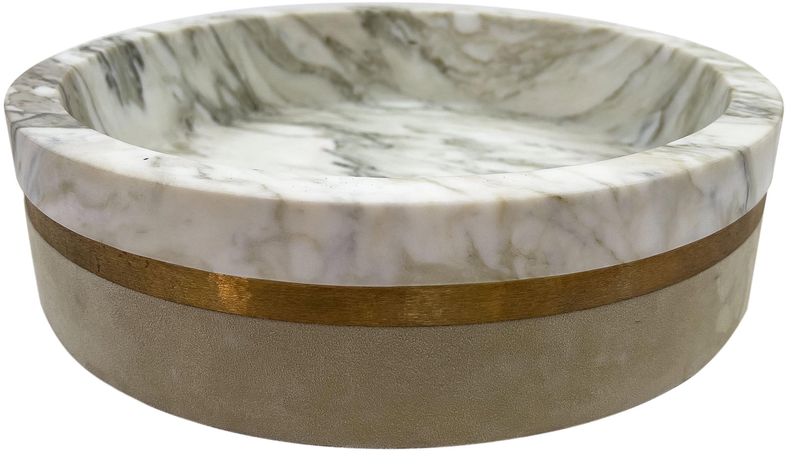 Michael Verheyden Dure Bowl In Marble And Suede: Dure Bowl by Michael Verheyden — crafted from Calacatta marble and suede, this piece embodies Verheyden’s signature minimalist elegance. Known for blending fine materials with timeless form, Verhe