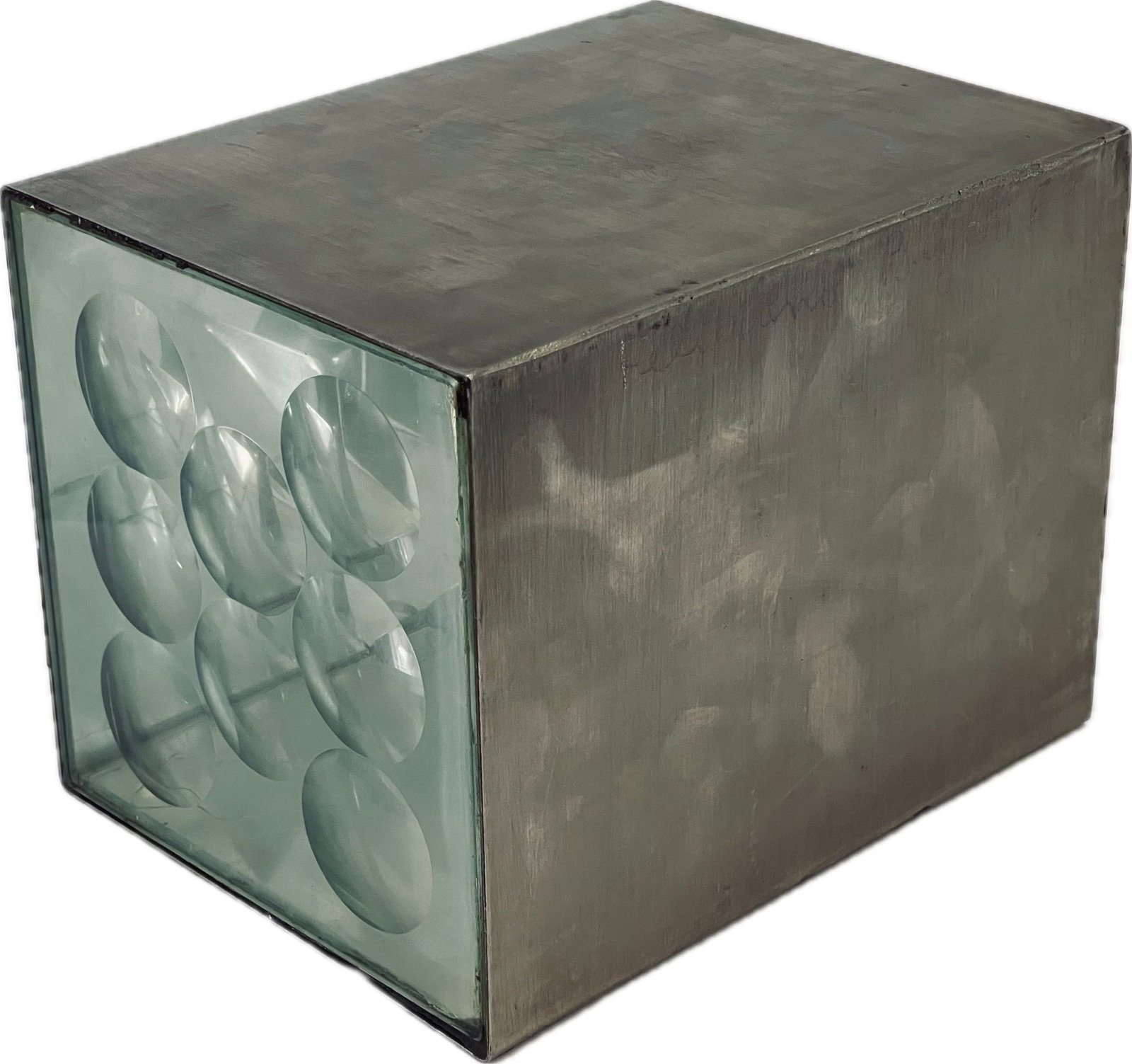 “Magiscope” Sculpture by Feliciano Bejar (Mexican, 1920-2007): Polished metal and glass optical sculpture from Béjar’s renowned Magiscope series, featuring magnifying lenses arranged in a geometric cube form. A striking example of Béjar’s exploration of lig