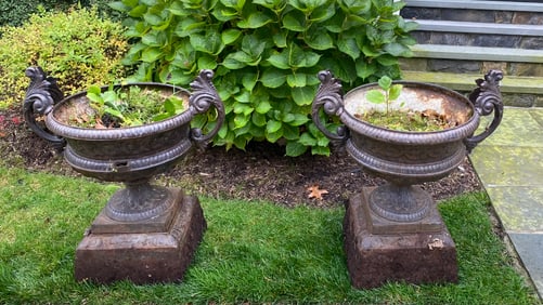 Pair of Cast Iron Garden Urns on Plinth Bases