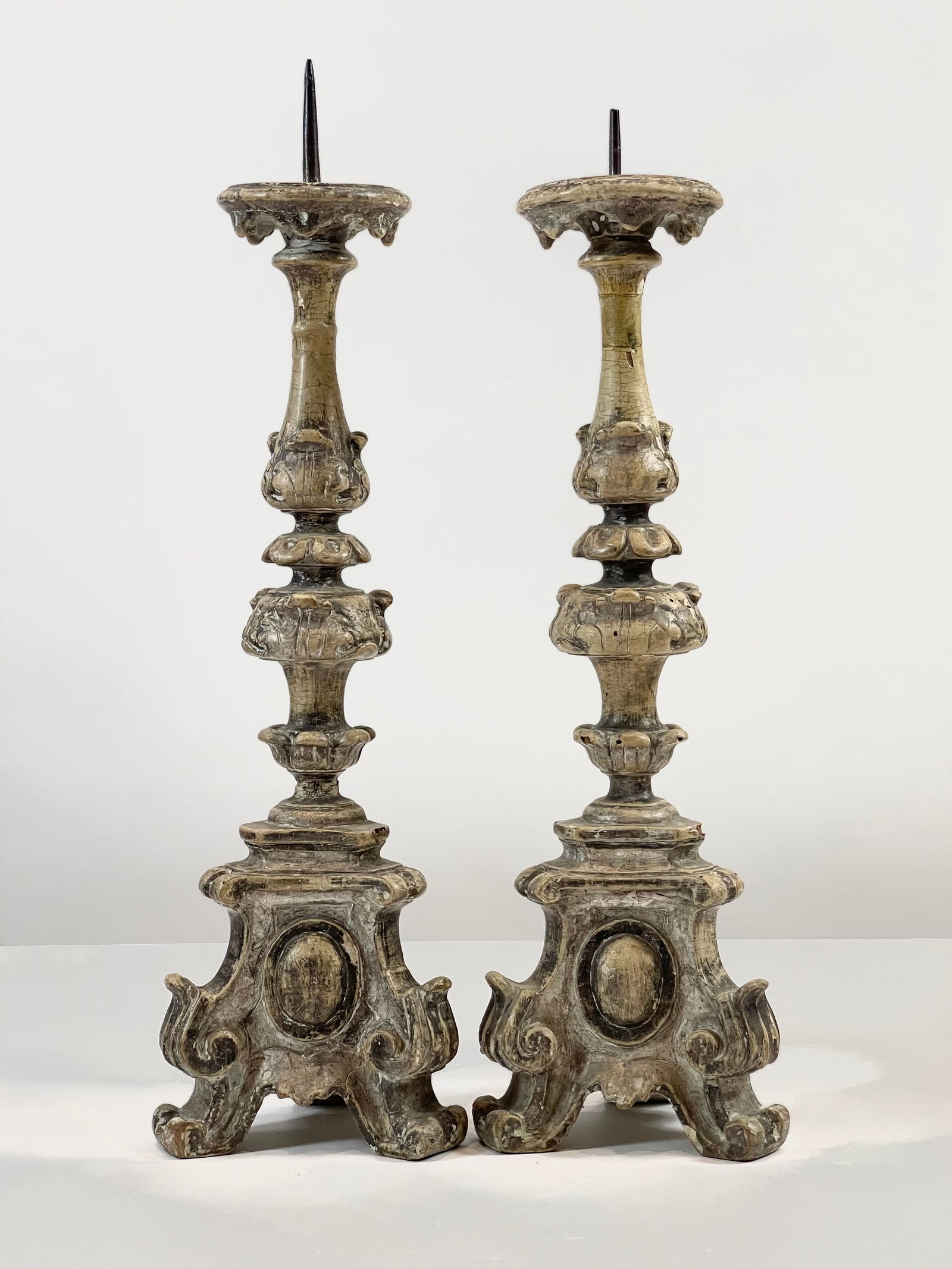 Pair Of 19th Century Italian Baroque Style Candlesticks: Dimensions:5"W x 5"D x 17"H