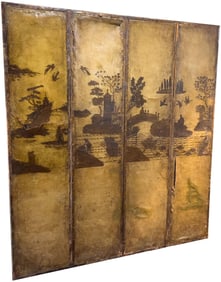 Chinoiserie Tooled and Painted Leather Four-Panel Screen
