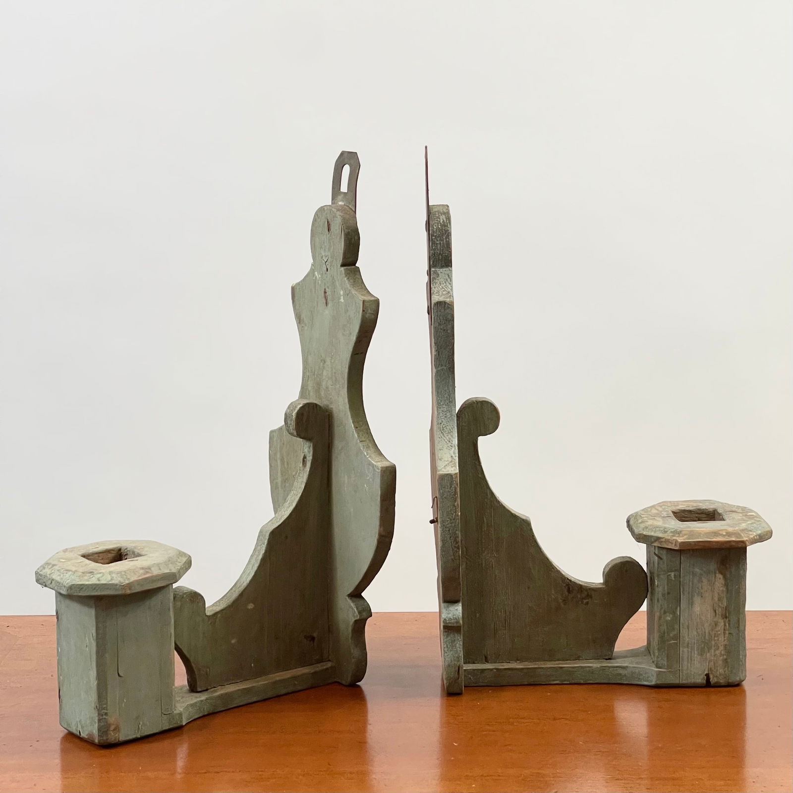 Pair Of Vintage Wooden Candle Sconces: Dimensions:12"W x 7.5"D x 19.5"H