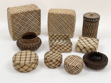 Collection of Woven Tribal and Geometric Pattern Baskets