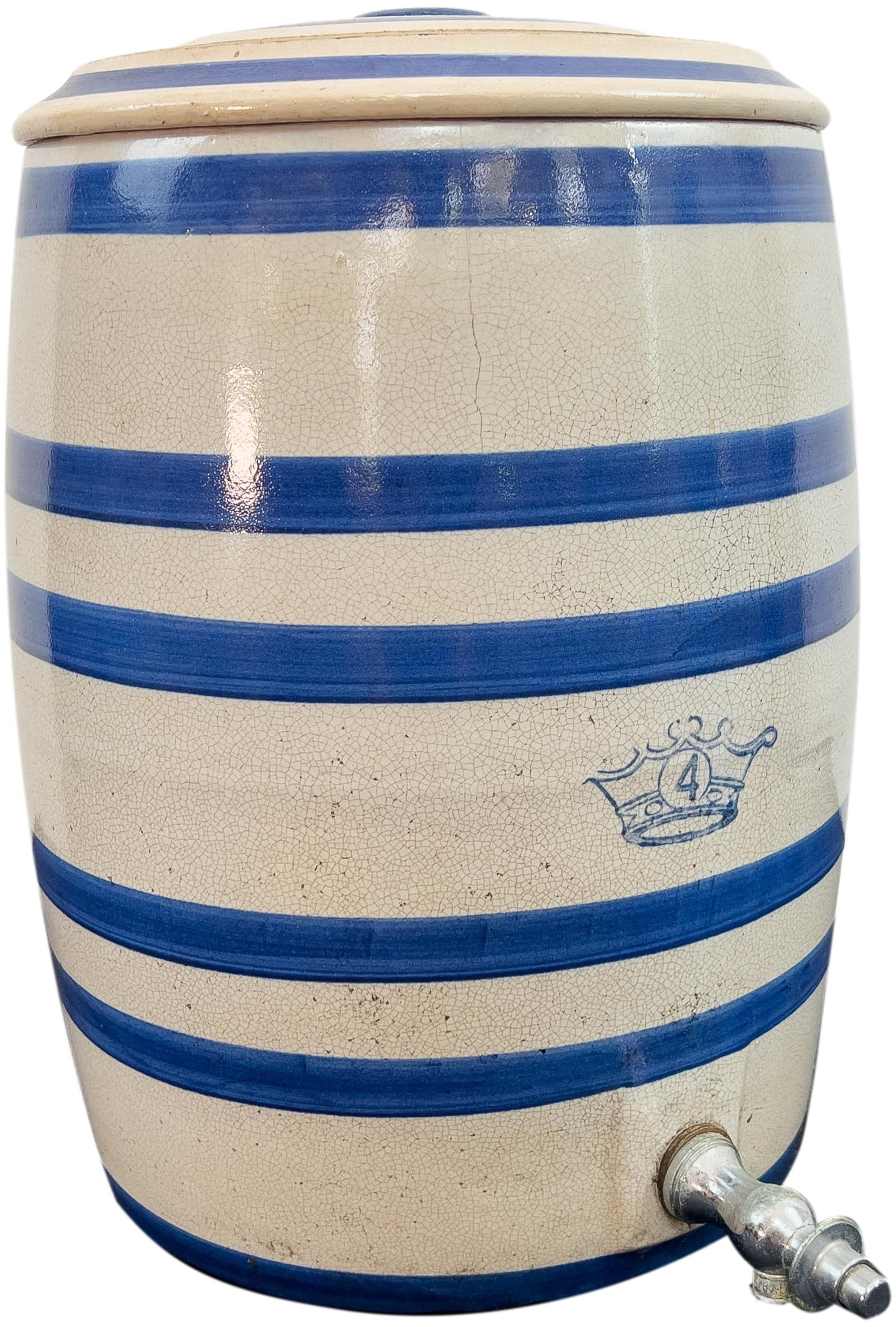 Robinson Ransbottom 4 Gallon Beverage Dispenser Crock: Vintage stoneware beverage dispenser crock by Robinson Ransbottom, featuring the signature Blue Crown “4” mark. Decorated with classic blue banding and fitted with a metal spigot and matching