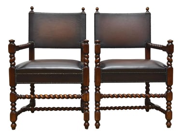 Pair of Theodore Alexander Barley Twist Leather Open Arm Chairs