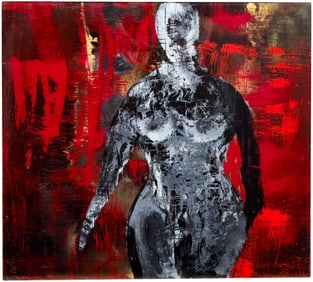 Reverse-Glass Abstract Female Figure Painting by M. Carreras