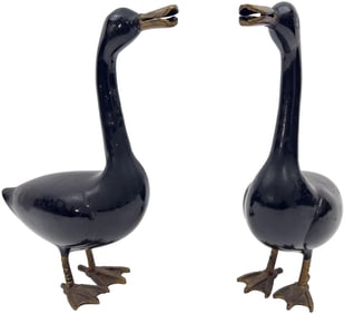 Pair of Vintage Bronze and Enamel Geese