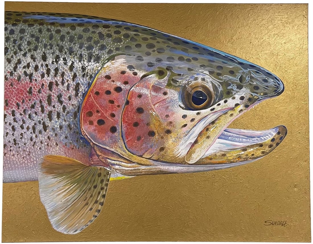 Bern Sundell (American) Acrylic On Canvas Fly Fishing Painting Titled River King: Dimensions: 44" H x 56" W
