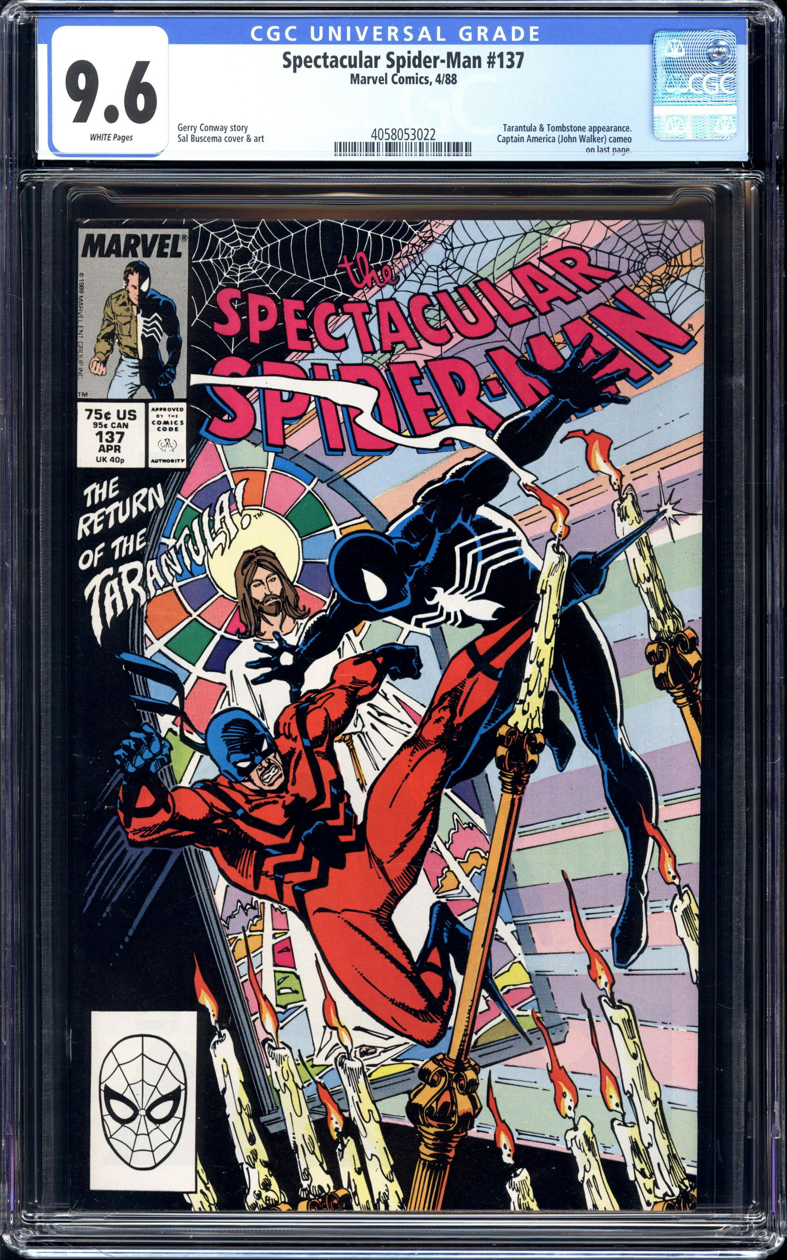 Spectacular Spider-Man #137 CGC 9.6 Tarantula & Tombstone a.: Spectacular Spider-Man #137 Tarantula and Tombstone appearance. Captain America (John Walker) cameo on last page. Measures 13 x 8.25 x 0.75 inches. Item weight is 1 lb 2 oz. There may be a glare in th