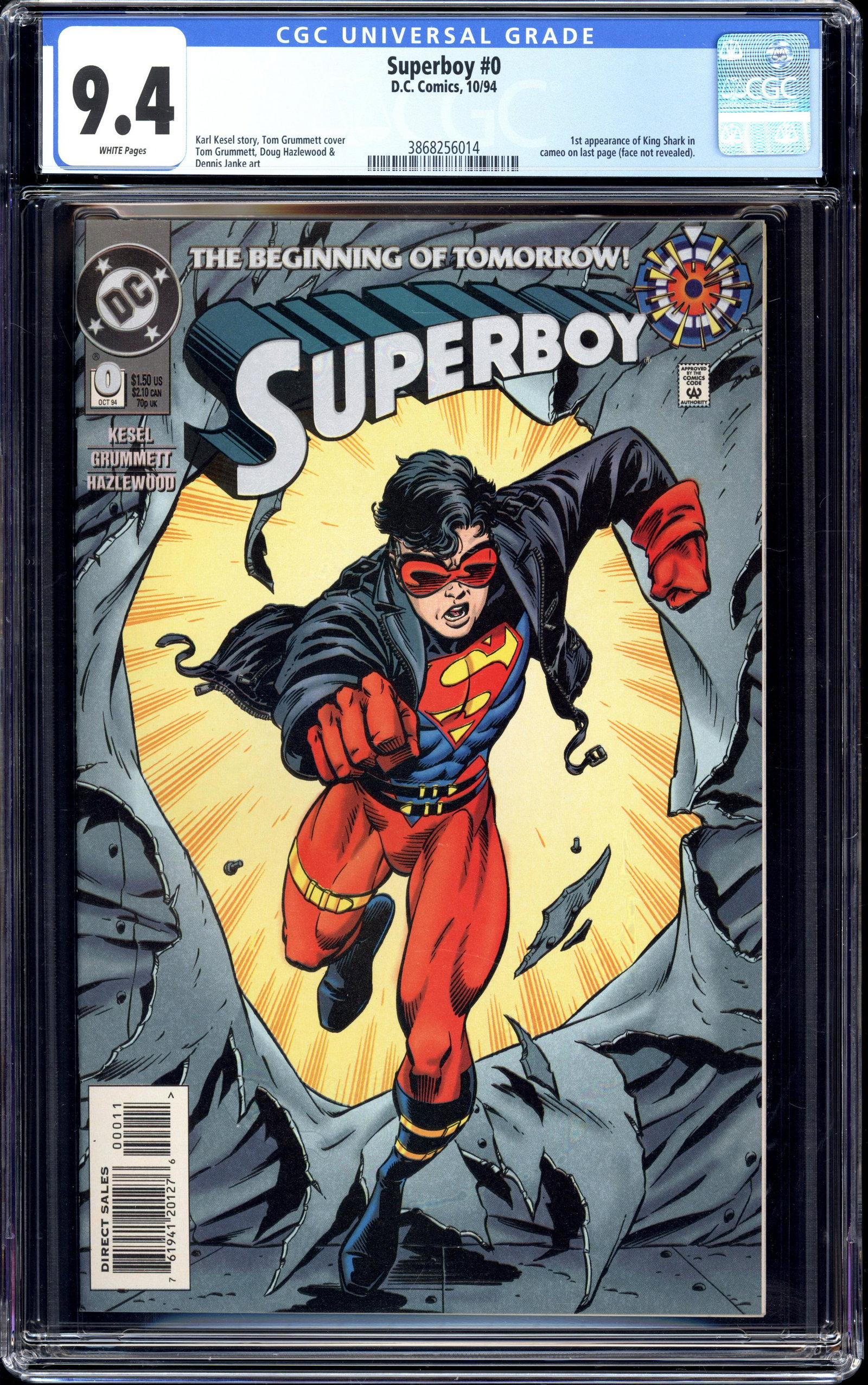 Superboy #0 CGC 9.4 White pages 1st appearance of King Shark: Superboy #0 CGC 9.4 White pages 1st appearance of King Shark in cameo on last page (face not revealed) Item measures 13 x 8.25 x 0.75 inches. Item weight is 1 lb 2 oz. There may be a glare in the imag