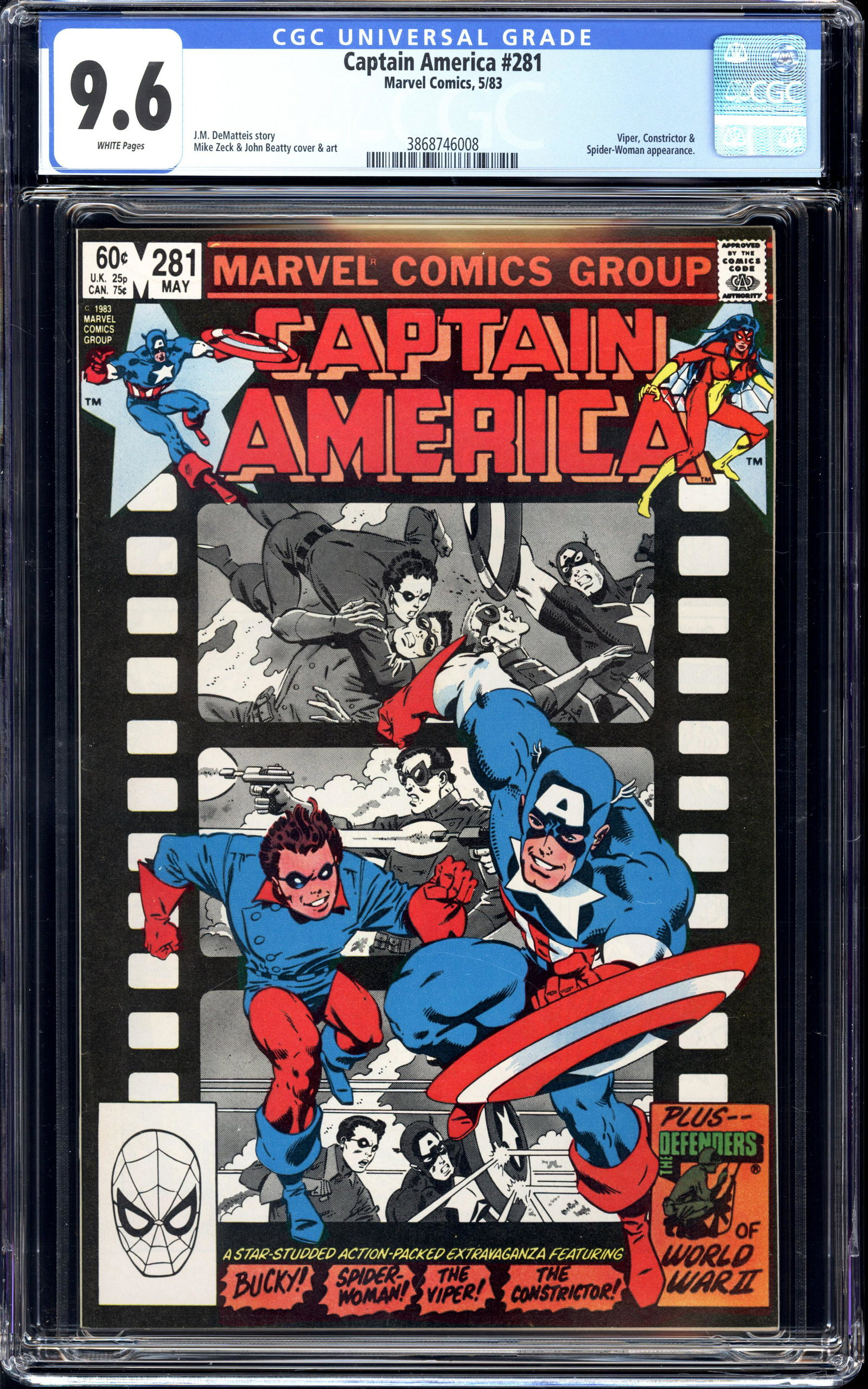 Captain America #281 CGC 9.6 Viper, Constrictor & Spider-Woman: Captain America #281 CGC 9.6 White pages Viper, Constrictor & Spider-Woman appearance. Item measures 13 x 8.25 x 0.75 inches. Item weight is 1 lb 2 oz. There may be a glare in the image which was caus