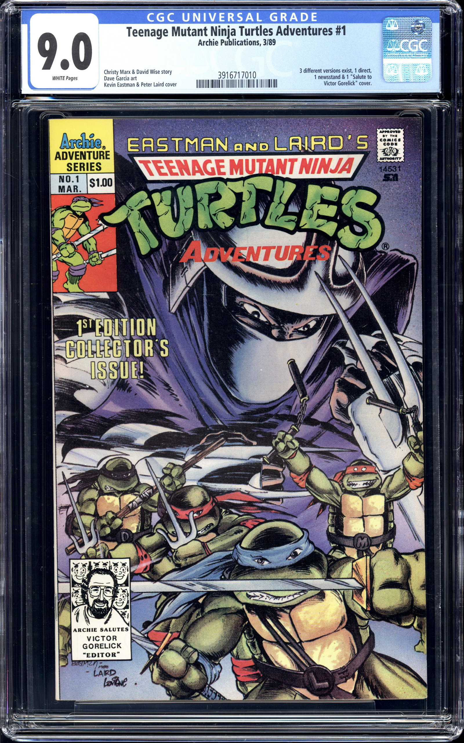 Teenage Mutant Ninja Turtles Adventures #1 CGC 9.0: Teenage Mutant Ninja Turtles Adventures #1 CGC 9.0 Salute to Victor Gorelick cover version. Item measures 13 x 8.25 x 0.75 inches. Item weight is 1 lb 2 oz. There may be a glare in the image which was