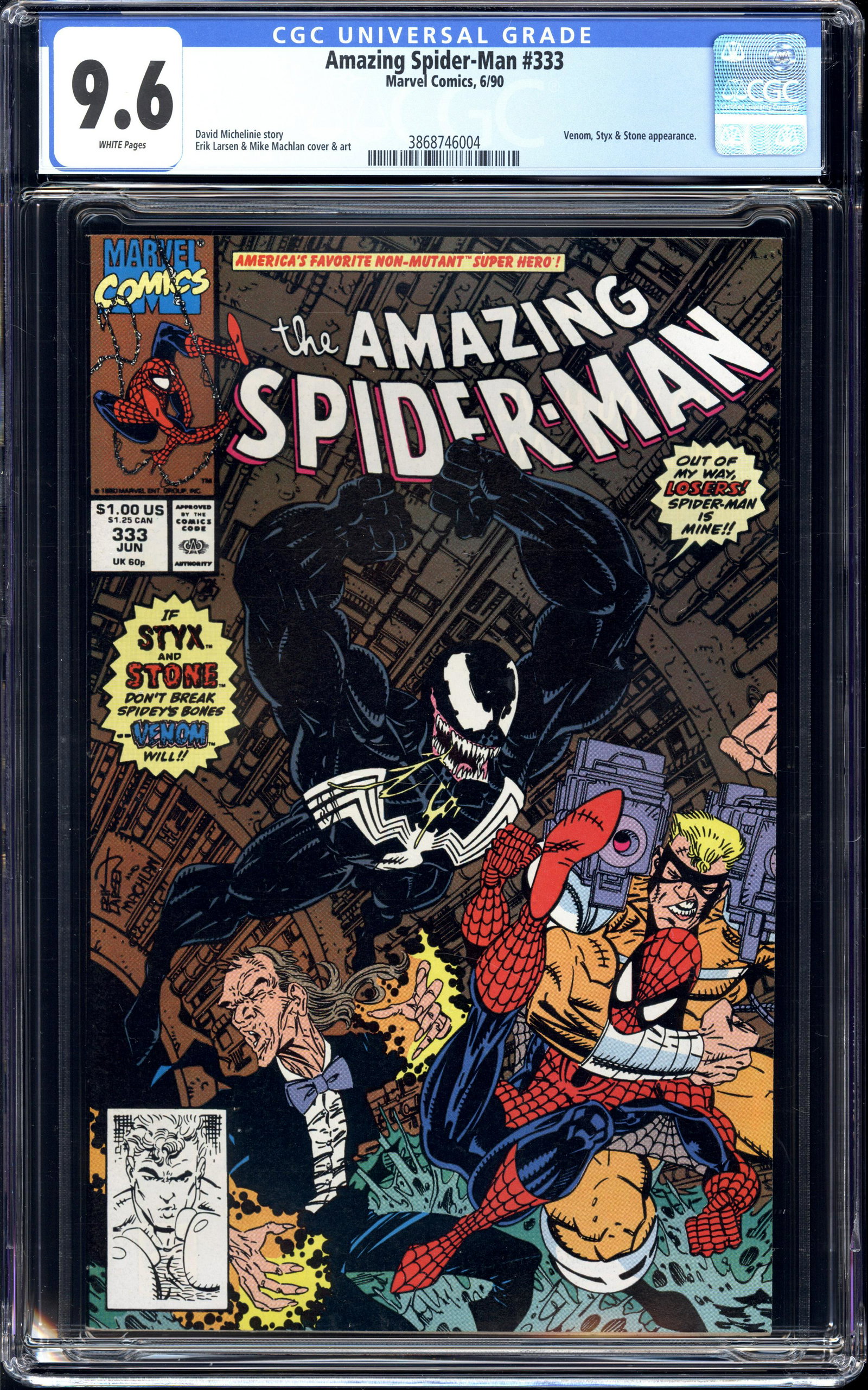 Amazing Spider-Man #333 CGC 9.6 Erik Larsen cover and art: Amazing Spider-Man #333 CGC 9.6 Venom, Styx and Stone appearance Erik Larsen cover and art. Item measures 13 x 8.25 x 0.75 inches. Item weight is 1 lb 2 oz. There may be a glare in the image which was