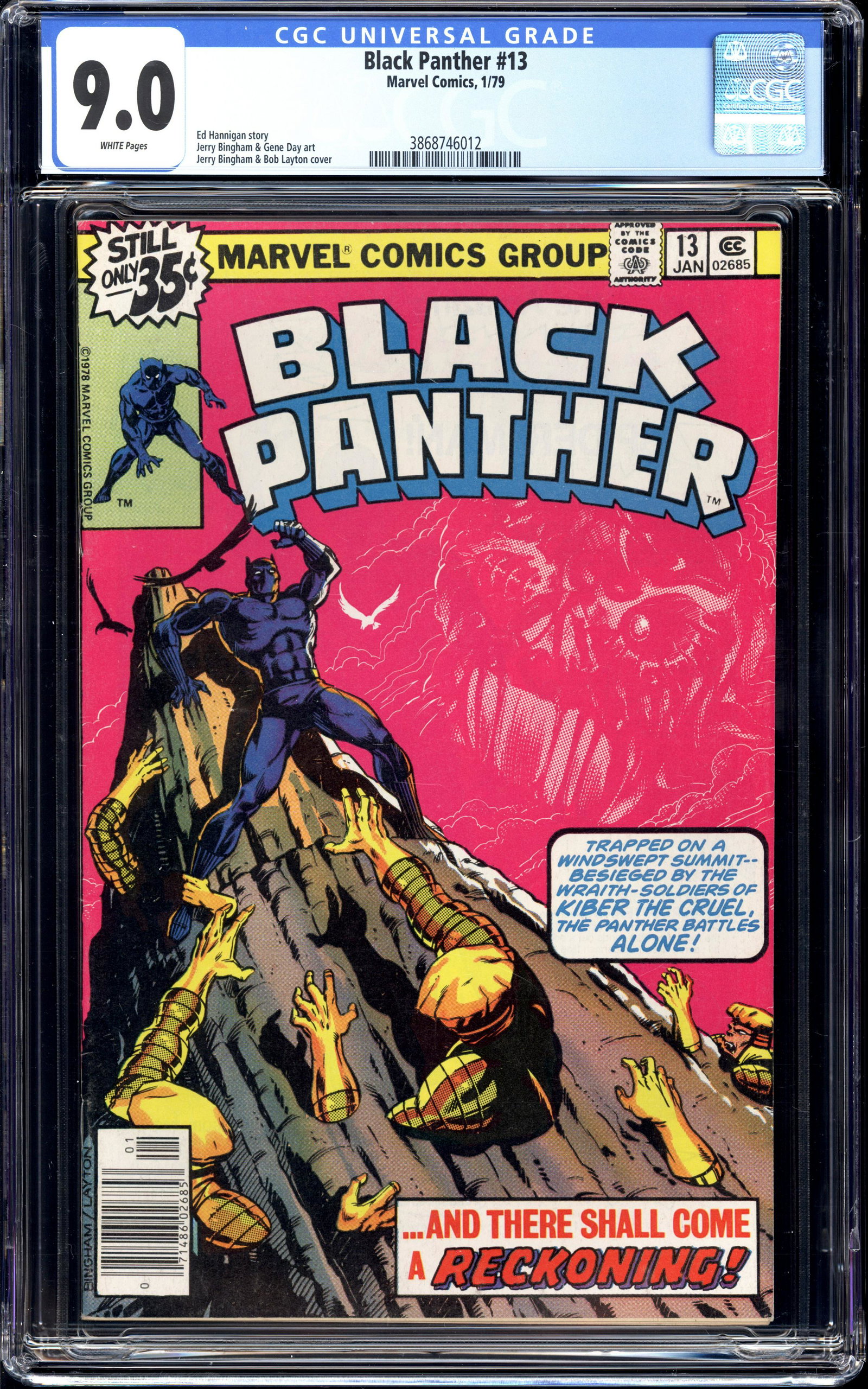 Black Panther #13 CGC 9.0 Jerry Bingham & Gene Day art: Black Panther #13 CGC 9.0 White pages Jerry Bingham & Gene Day art Ed Hannigan story. Item measures 13 x 8.25 x 0.75 inches. Item weight is 1 lb 2 oz. There may be a glare in the image which was cause
