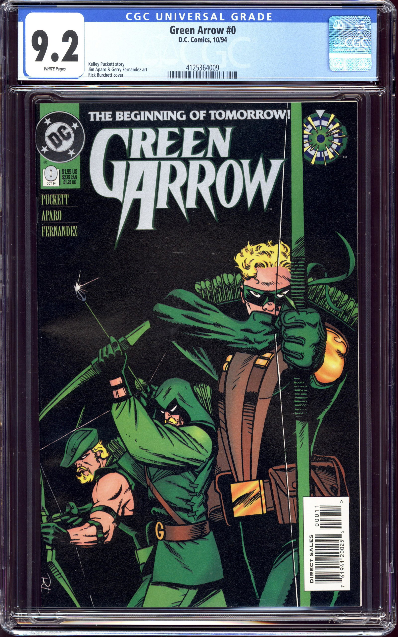 Green Arrow #0 CGC 9.2 White pages Kelley Puckett story: Green Arrow #0 CGC 9.2 White pages Kelley Puckett story, Jim Aparo/Gerry Fernandez art. Item measures 13 x 8.25 x 0.75 inches. Item weight is 1 lb 2 oz. There may be a glare in the image which was cau