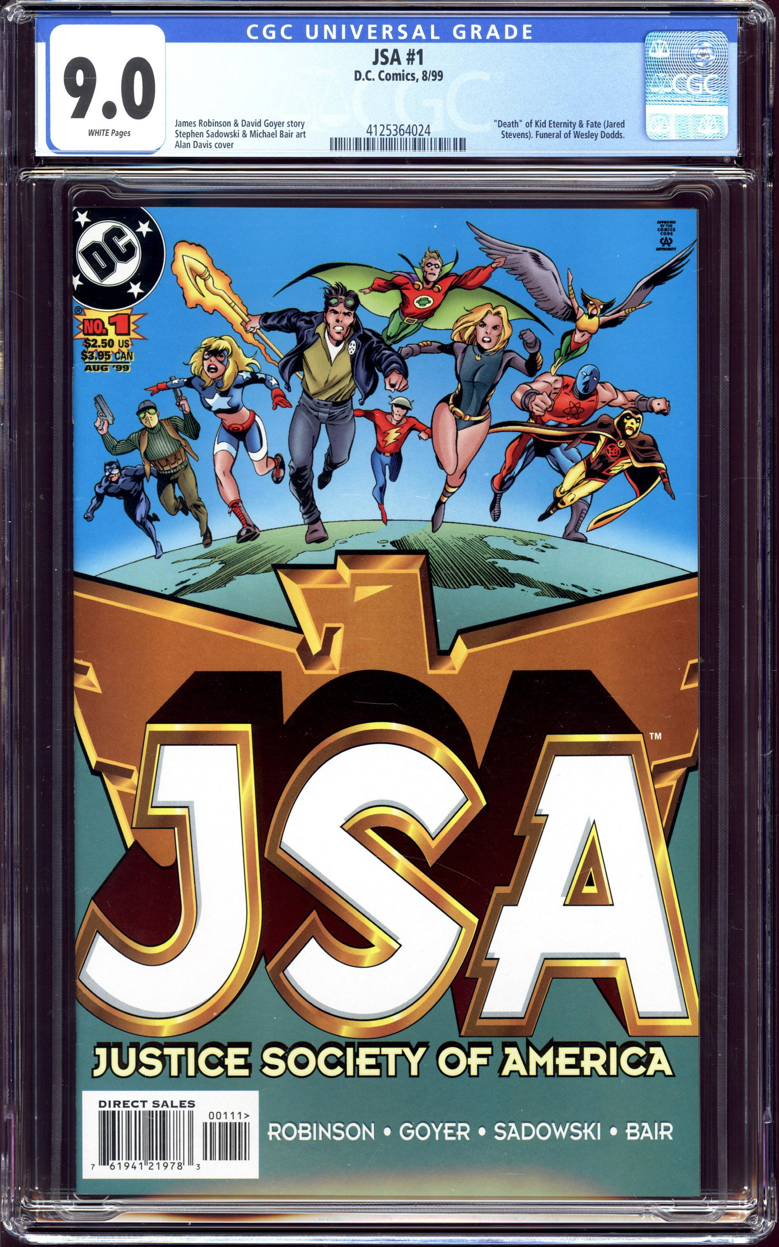 JSA #1 CGC 9.0 "Death" of Kid Eternity & Fate (Jared Stevens): JSA #1 CGC 9.0 "Death" of Kid Eternity & Fate (Jared Stevens) Funeral of Wesley Dodds. Item measures 13 x 8.25 x 0.75 inches. Item weight is 1 lb 2 oz. There may be a glare in the image which was caus