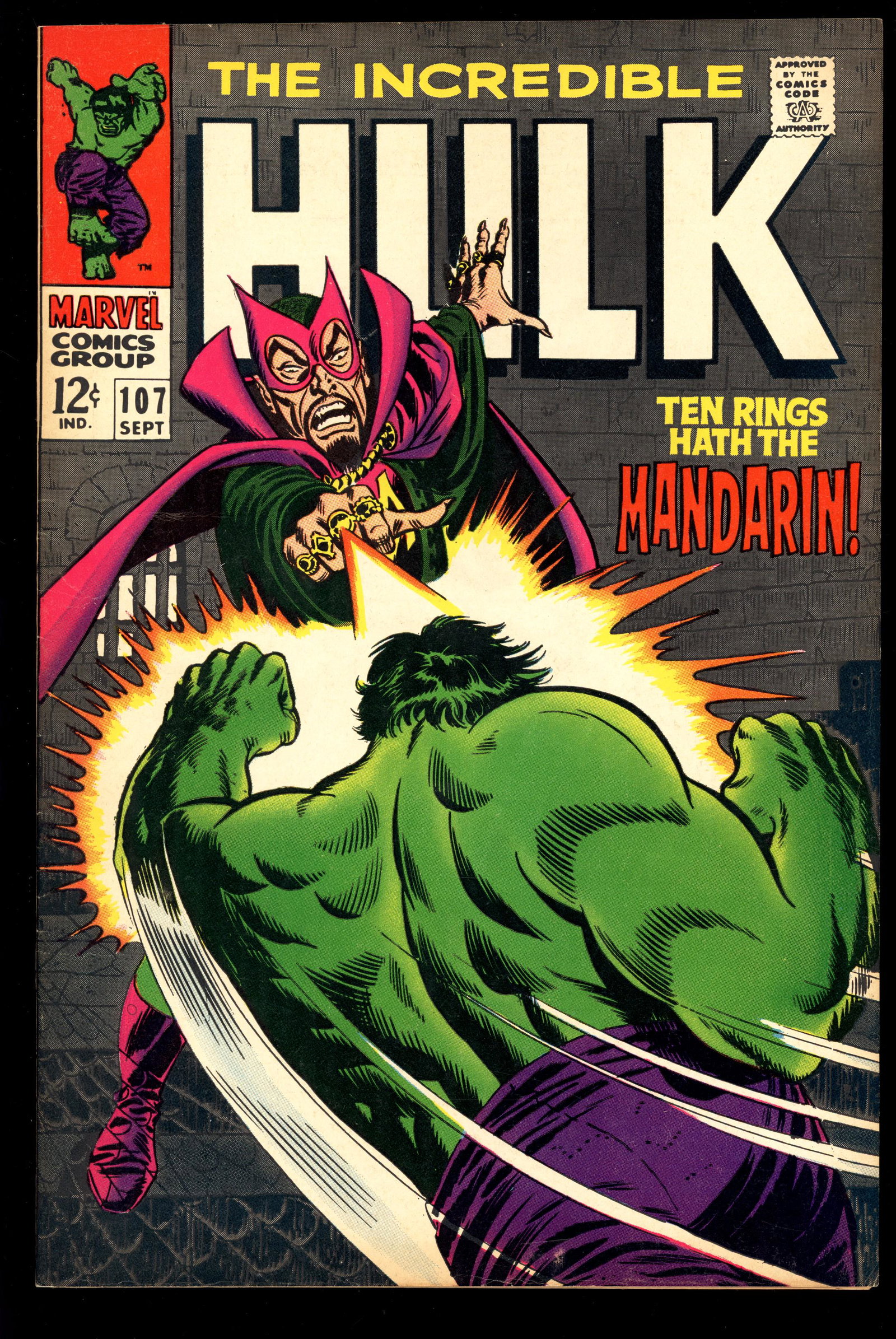 Incredible Hulk #107 VF-NM- Mandarin/Nick Fury app: The Incredible Hulk #107 - Herb Trimpe and Syd Shores art. Mandarin appearance and Nick Fury cameo. Item measures 6.75 x 10.10 inches. Weighs 3 ozs ACME AUCTIONS SHIPPING POLICY FOR COMIC BOOKS If you