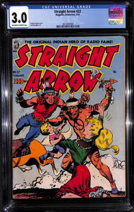 Straight Arrow #22 Frank Frazetta cover February 1952: Straight Arrow #22 published by Magazine Enterprises in February of 1952. Frank Frazetta cover art. Fred Meagher story art. Graded 3.0 with Off White to White pages. Item measures 13 x 8.25 x 0.75 inc