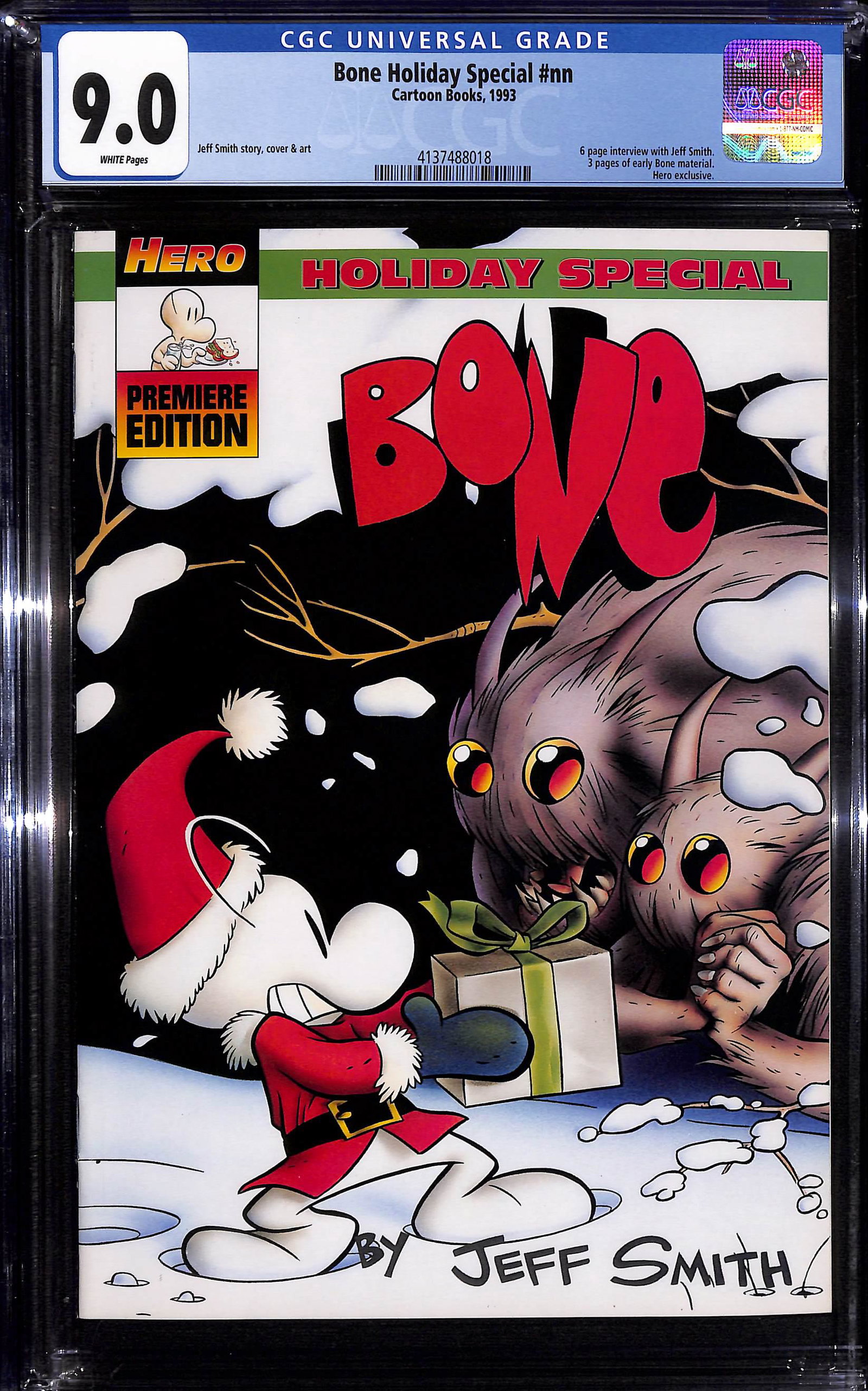Bone Holiday Special #nn Jeff Smith interview Hero exclusive: Bone Holiday Special #nn published by Cartoon Books in 1993. CGC 9.0 Jeff Smith story, cover and art. 6 page interview with Jeff Smith. 3 pages of early Bone material. Hero exclusive. Item measures 13