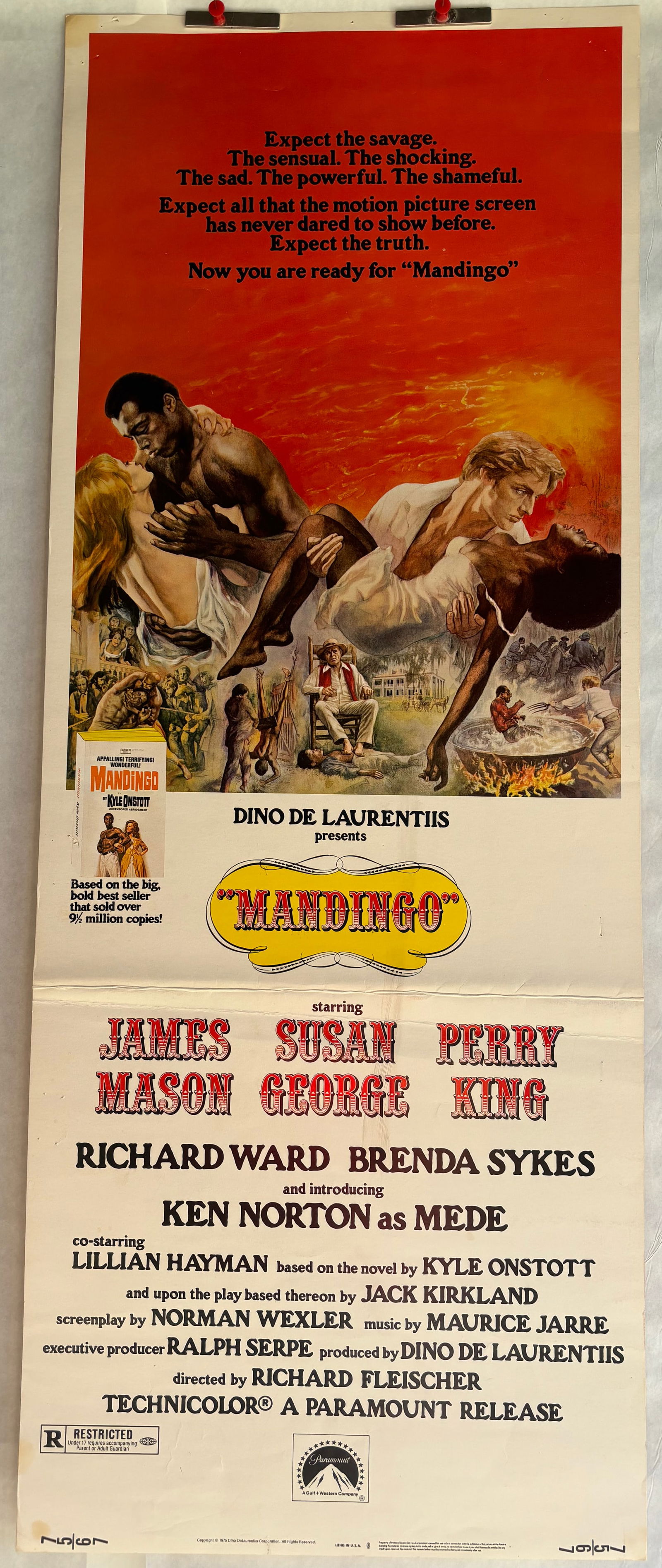 Mandingo (Paramount, 1975) Exploitation Poster: Mandingo (Paramount, 1975). Folded, Original Movie Poster Insert (36 x 14). Exploitation.Starring James Mason, Susan George, Perry King, Richard Ward, Brenda Sykes, Ken Norton, Lillian Hayman, Roy Poo
