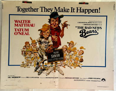 The Bad News Bears Original Half Sheet Poster: The Bad News Bears (Paramount, 1976). Rolled, Original Half Sheet Movie Poster (28" x 22"). Jack Davis Artwork. Sports movie/Comedy.Starring Walter Matthau, Tatum O'Neal, Vic Morrow, Jackie Earle Hale