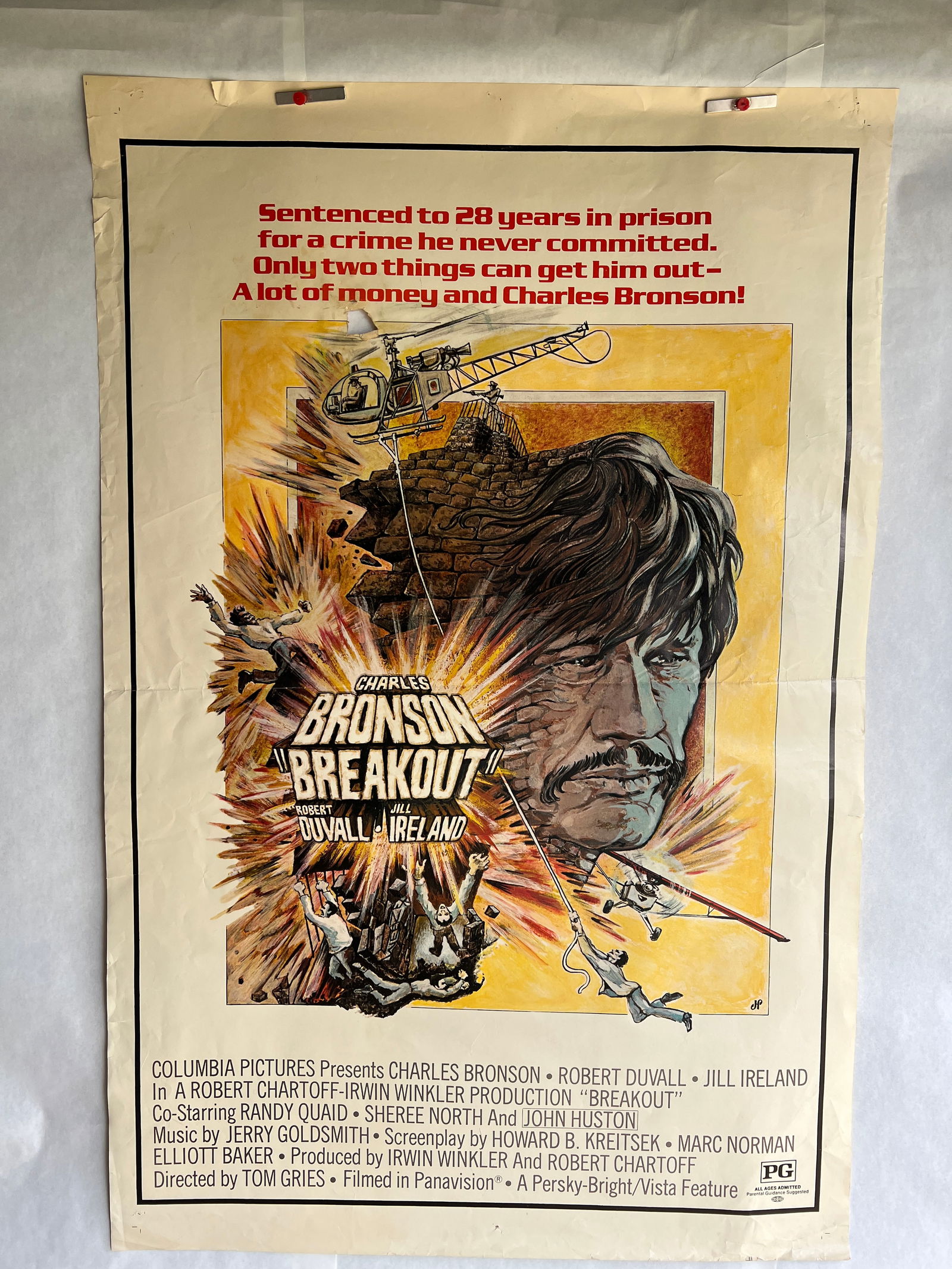 Breakout (Columbia, 1975) One Sheet Poster: Breakout (Columbia, 1975). Rolled One Sheet Movie Poster - most likely for video store display. Measures 41 x 27 inches. Jim Pearsall Artwork. Action. Starring Charles Bronson, Robert Duvall, Jill Ire