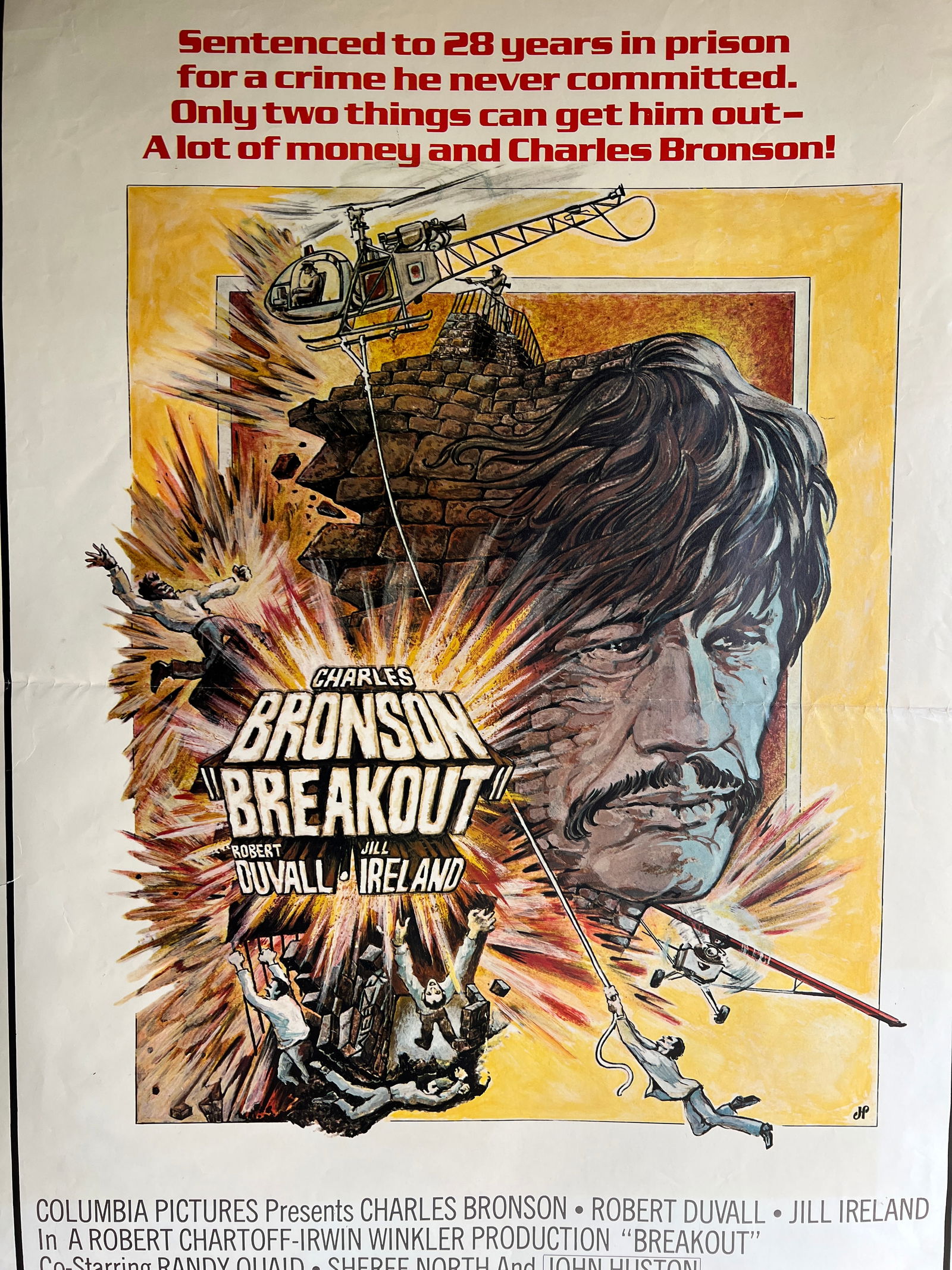 Breakout (Columbia, 1975) One Sheet Poster: Breakout (Columbia, 1975). Rolled One Sheet Movie Poster - most likely for video store display. Measures 41 x 27 inches. Jim Pearsall Artwork. Action. Starring Charles Bronson, Robert Duvall, Jill Ire