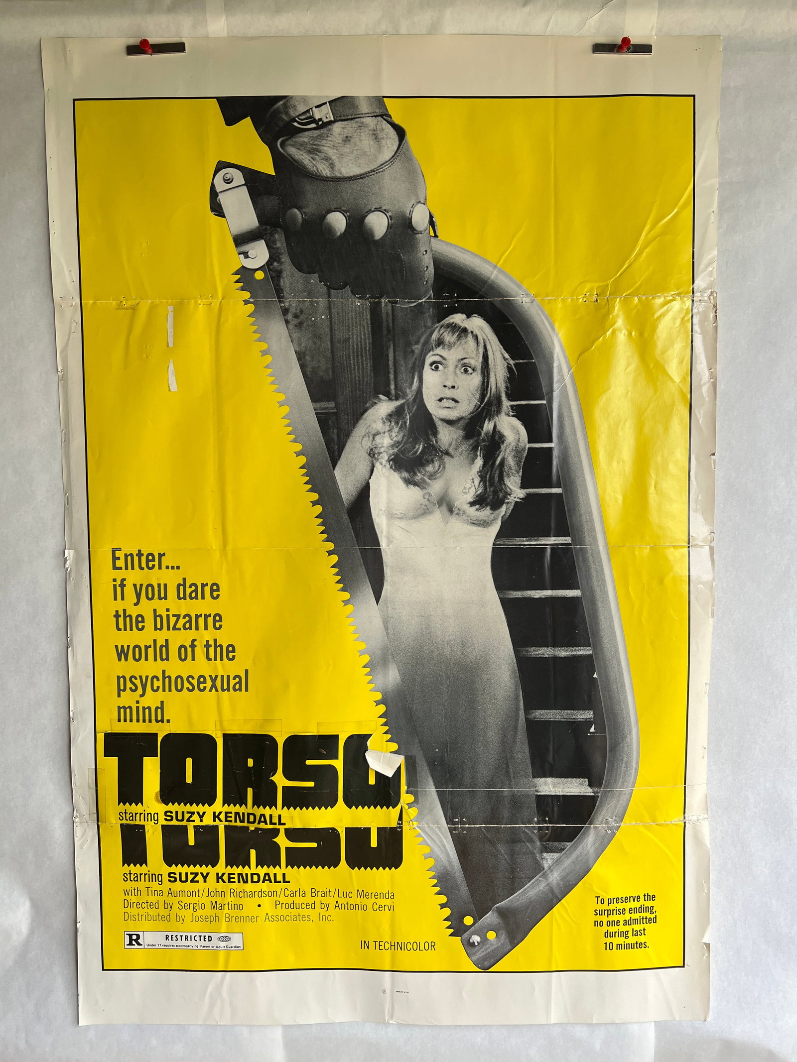Torso (Joseph Brenner Associates) 1974 Poster: Torso (Joseph Brenner Associates, 1974). Original One Sheet Movie Poster (41 x 27"). Horror. "TORSO" logo from another poster has been cut out and pasted onto this poster by tape. Starring Suzy Kendal