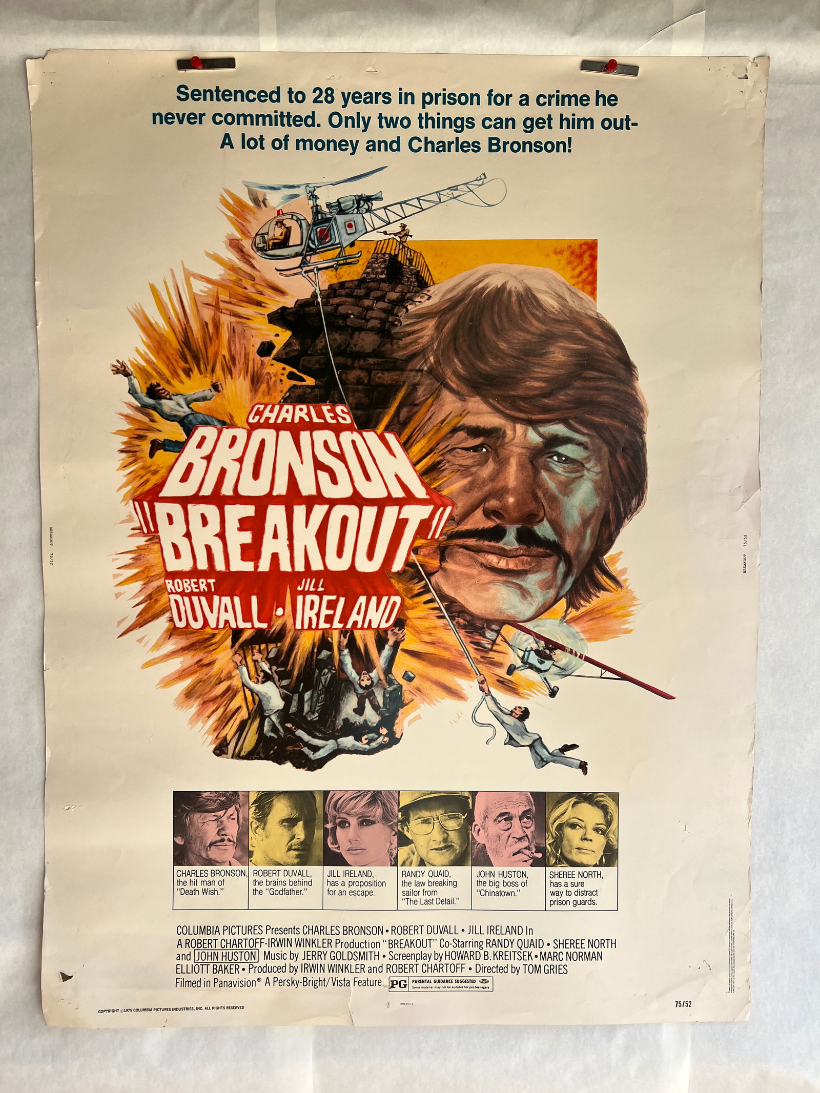 Breakout (Columbia, 1975) One Sheet Poster: Breakout (Columbia, 1975). Rolled One Sheet Movie Poster - most likely for video store display. Measures 41 x 27 inches. Jim Pearsall Artwork. Action. Starring Charles Bronson, Robert Duvall, Jill Ire