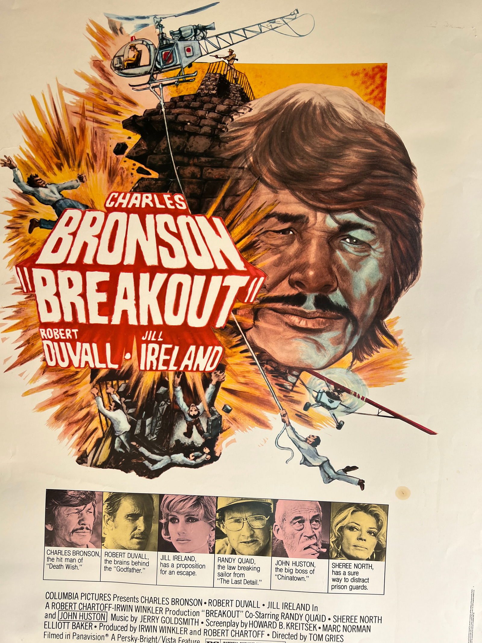 Breakout (Columbia, 1975) One Sheet Poster: Breakout (Columbia, 1975). Rolled One Sheet Movie Poster - most likely for video store display. Measures 41 x 27 inches. Jim Pearsall Artwork. Action. Starring Charles Bronson, Robert Duvall, Jill Ire