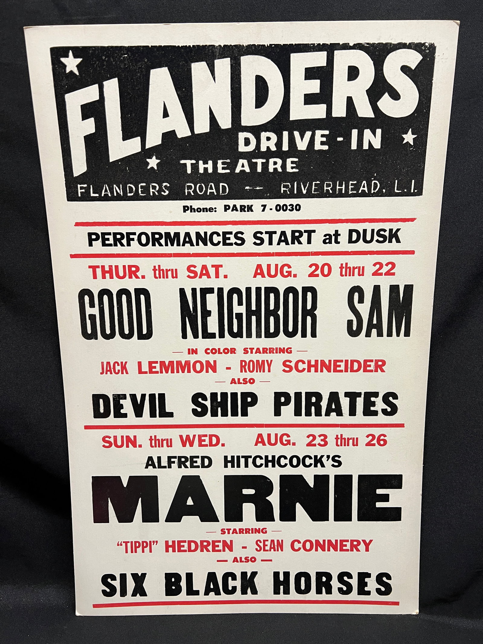 Flanders Drive-In Theater, Flanders Road, Riverhead, Long Island New York Movie Poster from 1964: Original August 1964 drive-in movie poster for the Flanders Drive-In Theater which was located in Riverhead, New York on Flanders Road. Scarce and rare as are most drive-in theater posters for any spe