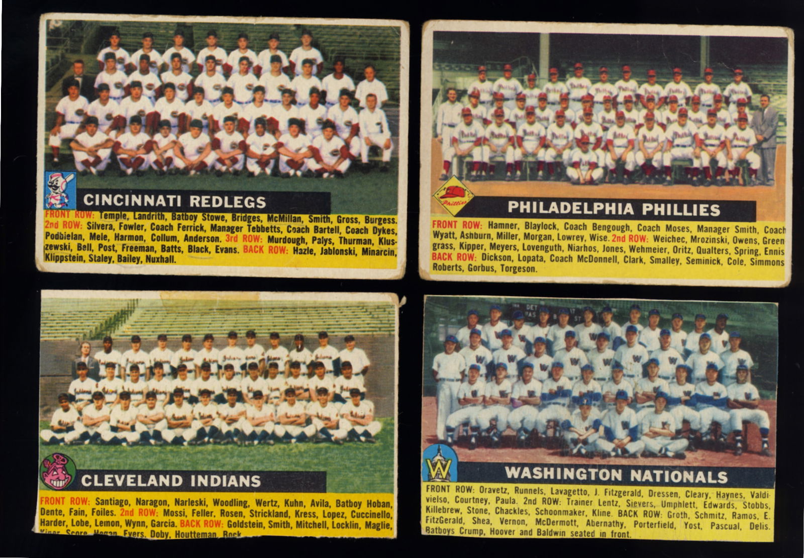 Lot of four 1956 Topps cards the Redlegs, the Phillies, the Cleveland Indians and the Nationals (1 of 2)