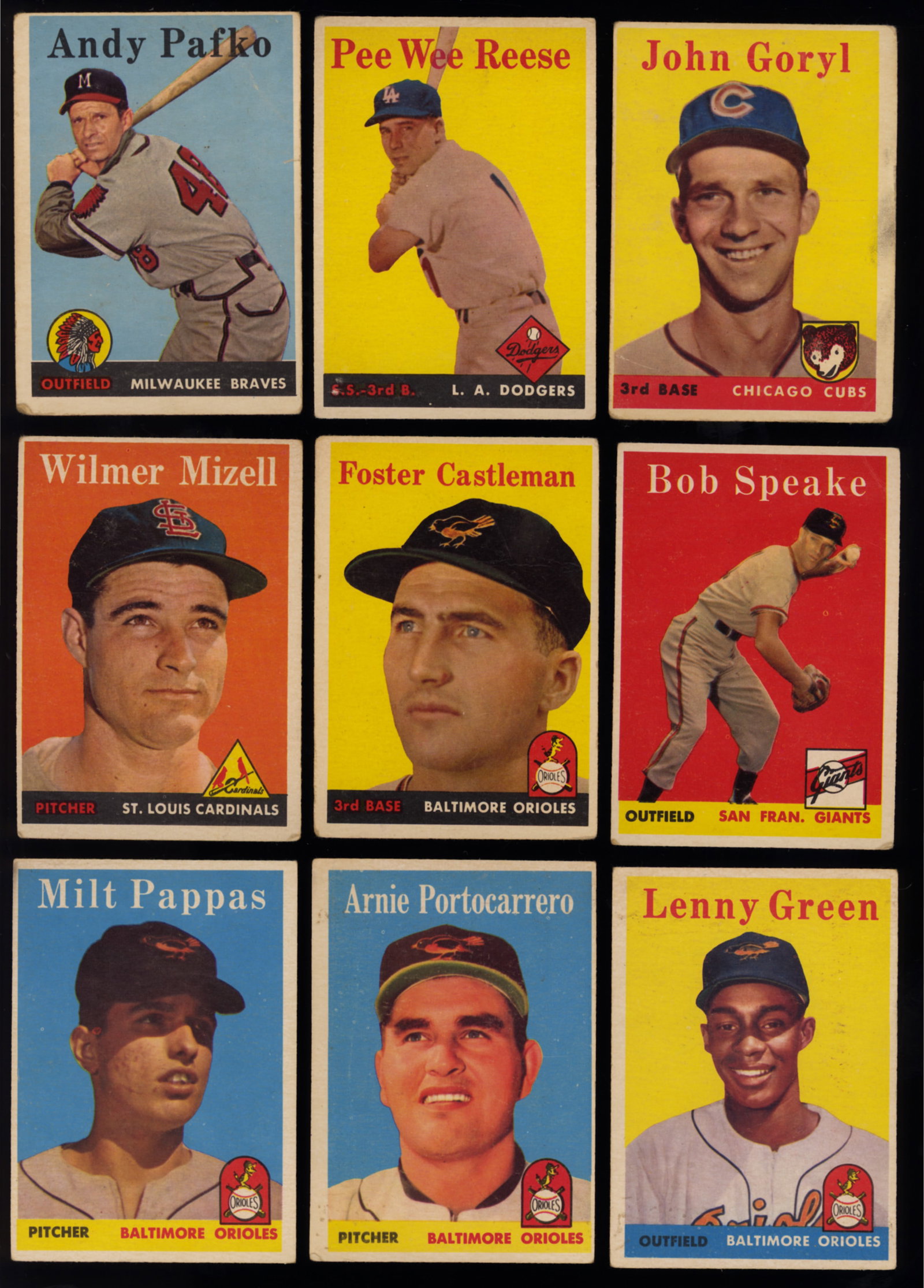 Lot of nine Topps baseball cards from 1958: Lot of 9 baseball cards from the 1958 Topps series including John Goryl 384, Pee Wee Reese #375, Any Pafko 223, Bob Speake #437, Foster Castleman #416, Wilmer Mizell #385, Lenny Green #471, Arnie Port