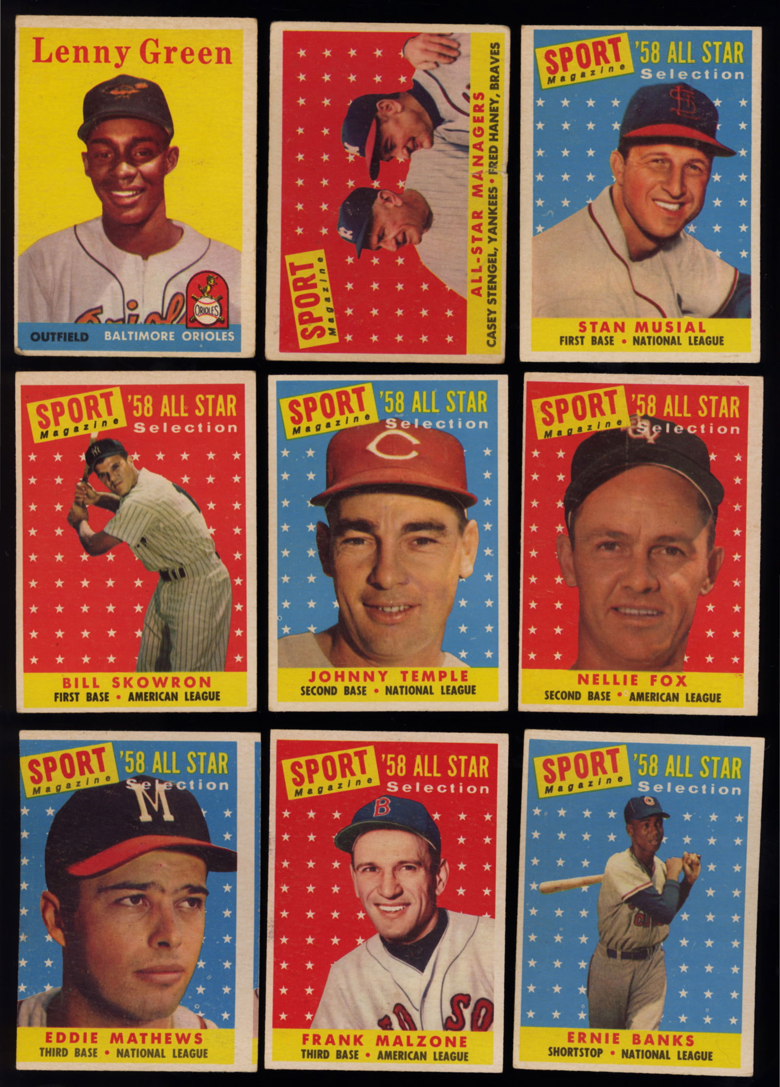 Lot of nine Topps baseball cards from 1958 & 1959 Lenny Green, Stan Musial, Stengel, Haney and more (1 of 3)